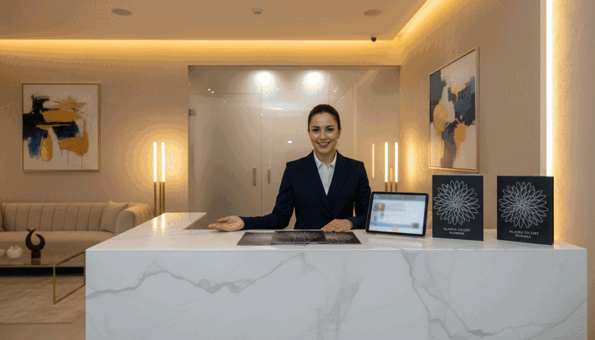 A serene and inviting scene representing the "Alanya Escort Rezervasyon" process. In the foreground, a well-organized and modern reception area featuring a sleek desk with a friendly receptionist, dressed in professional attire, smiling and ready to assist clients. In the middle, elegant brochures titled "Alanya Escort Numara" displayed on the desk, showcasing the services offered. The background features softly lit ambient lighting with warm tones, hinting at a luxurious atmosphere, while tasteful artwork adorns the walls. The overall mood is welcoming and professional, instilling a sense of comfort and reliability. The angle captures the layout in a way that emphasizes the inviting nature of the space, encouraging visitors to engage with the escort reservation service. No people or elements that may suggest discomfort are included. A serene and inviting scene representing the "Alanya Escort Rezervasyon" process. In the foreground, a well-organized and modern reception area featuring a sleek desk with a friendly receptionist, dressed in professional attire, smiling and ready to assist clients. In the middle, elegant brochures titled "Alanya Escort Numara" displayed on the desk, showcasing the services offered. The background features softly lit ambient lighting with warm tones, hinting at a luxurious atmosphere, while tasteful artwork adorns the walls. The overall mood is welcoming and professional, instilling a sense of comfort and reliability. The angle captures the layout in a way that emphasizes the inviting nature of the space, encouraging visitors to engage with the escort reservation service. No people or elements that may suggest discomfort are included.
