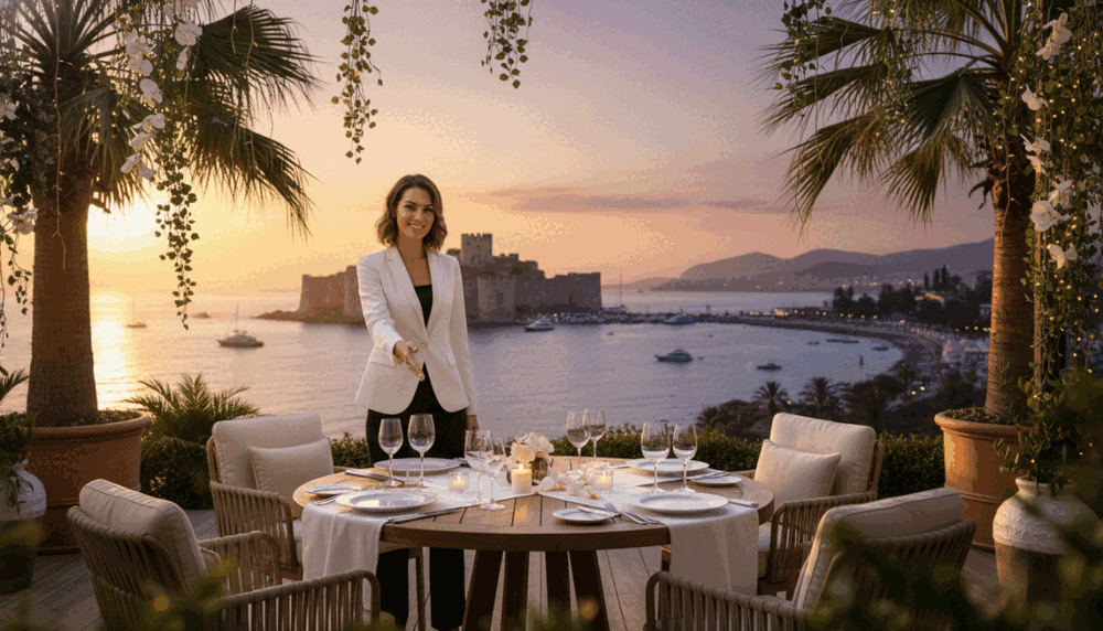 A serene and inviting setting in Alanya, emphasizing a luxurious experience. In the foreground, a gracefully set table with elegant tableware, surrounded by lush greenery and soft lighting, encourages connection and comfort. In the middle ground, a sophisticated, professional woman in smart business attire welcomes guests, radiating warmth and confidence, ready to provide a memorable experience. The background features the stunning Alanya coastline under a golden sunset, casting a warm glow over the scene, enhancing the mood of relaxation and exclusivity. The entire composition should evoke a sense of luxury, professionalism, and an enticing atmosphere. Use soft focus techniques to draw attention to the welcoming gesture and the picturesque surroundings. A serene and inviting setting in Alanya, emphasizing a luxurious experience. In the foreground, a gracefully set table with elegant tableware, surrounded by lush greenery and soft lighting, encourages connection and comfort. In the middle ground, a sophisticated, professional woman in smart business attire welcomes guests, radiating warmth and confidence, ready to provide a memorable experience. The background features the stunning Alanya coastline under a golden sunset, casting a warm glow over the scene, enhancing the mood of relaxation and exclusivity. The entire composition should evoke a sense of luxury, professionalism, and an enticing atmosphere. Use soft focus techniques to draw attention to the welcoming gesture and the picturesque surroundings.