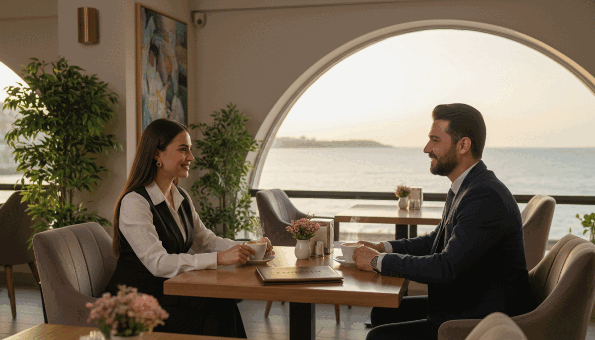 A serene and inviting setting showcasing the essence of trust and privacy in an Alanya escort service context. In the foreground, a well-dressed professional woman and a gentleman are seated at an elegantly arranged table, exchanging smiles and engaging in a private conversation, each exuding confidence. The middle ground features soft, lush greenery and tasteful decor in a cozy café, enhancing the intimate atmosphere. The background reveals a subtle coastal view of Alanya’s beautiful shoreline, bathed in warm, golden sunset light, casting gentle reflections. The overall mood is sophisticated and serene, conveying a sense of discretion and responsible communication. Capture the essence of "alanya escort," ensuring the scene reflects professionalism and warmth without any explicit content. A serene and inviting setting showcasing the essence of trust and privacy in an Alanya escort service context. In the foreground, a well-dressed professional woman and a gentleman are seated at an elegantly arranged table, exchanging smiles and engaging in a private conversation, each exuding confidence. The middle ground features soft, lush greenery and tasteful decor in a cozy café, enhancing the intimate atmosphere. The background reveals a subtle coastal view of Alanya’s beautiful shoreline, bathed in warm, golden sunset light, casting gentle reflections. The overall mood is sophisticated and serene, conveying a sense of discretion and responsible communication. Capture the essence of "alanya escort," ensuring the scene reflects professionalism and warmth without any explicit content.