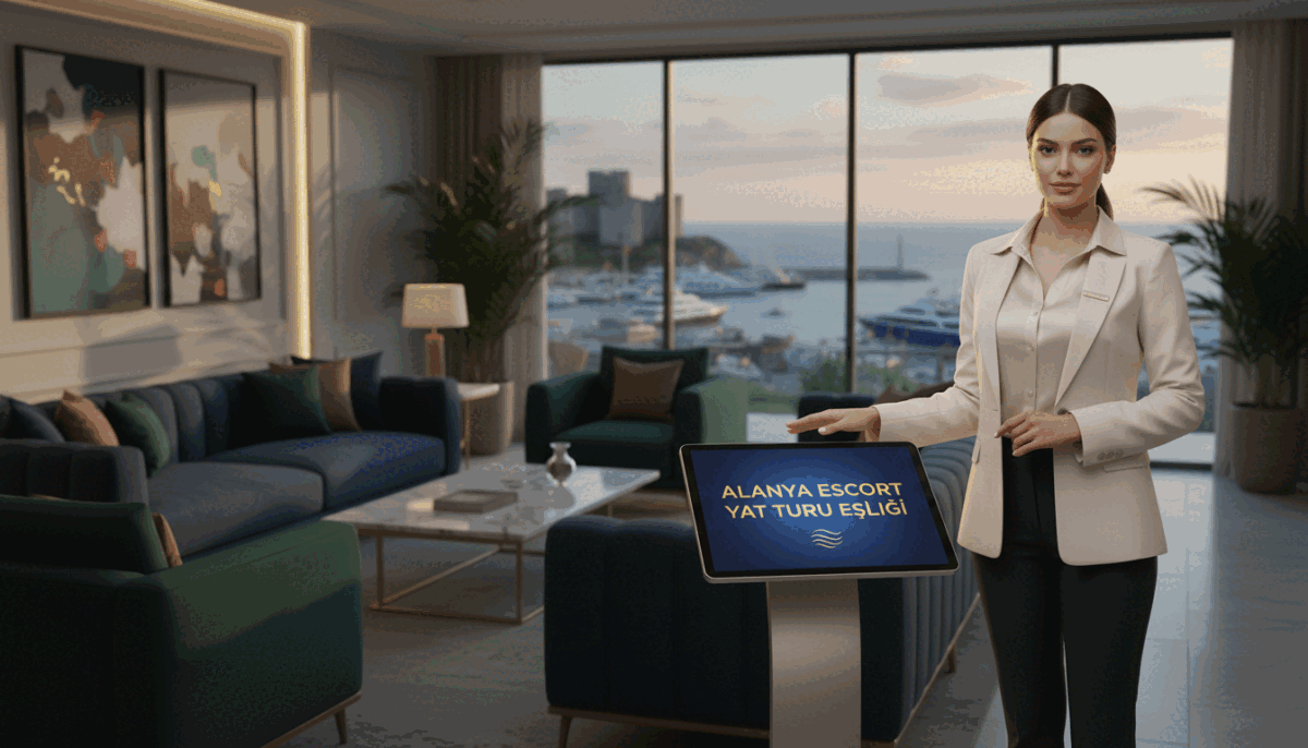 A serene and luxurious setting showcasing the essence of an escort booking platform in Alanya. In the foreground, a stylish and professional female representative dressed in business attire stands confidently beside a sleek digital tablet displaying the “Alanya escort yat turu eşliği” logo. The middle ground features a tasteful, modern lounge area with elegant furnishings, creating an inviting atmosphere. Soft ambient lighting casts a warm glow, emphasizing relaxation and professionalism. In the background, hints of Alanya's stunning coastline are subtly visible through large windows, enhancing the atmosphere of exclusivity and sophistication. The mood is calm and reassuring, reflecting a secure approach to reservation processes, ideal for potential clients seeking companionship.