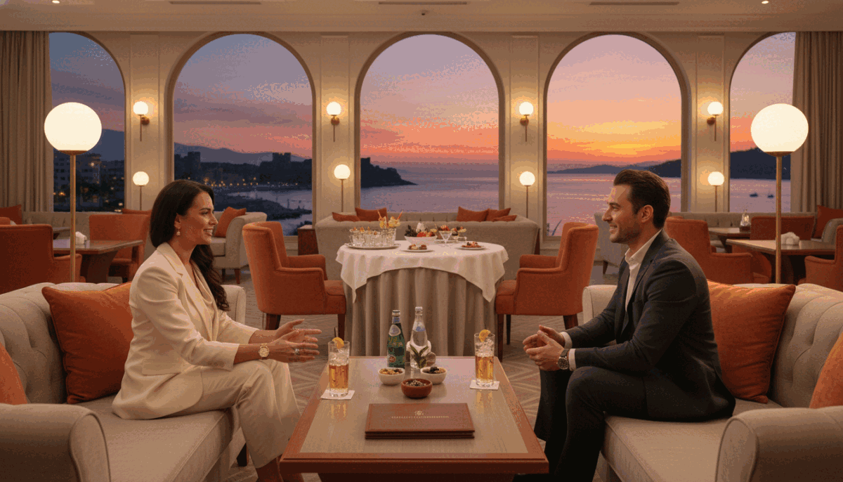 A serene and professional scene showcasing a luxurious lounge in Alanya, beautifully decorated with elegant furnishings in warm tones. In the foreground, a sophisticated woman in a stylish business attire converses with a client, exuding confidence and professionalism. The middle ground features a well-set table with refreshing beverages, capturing a friendly and inviting atmosphere. Soft lighting emanates from chic lamps, creating a cozy environment. In the background, large windows reveal a picturesque view of Alanya's coastline, with the sun setting over the horizon, casting a golden hue across the room. The image reflects the essence of "Alanya güvenilir escort" by emphasizing trust, safety, and professionalism in the escort service experience. A serene and professional scene showcasing a luxurious lounge in Alanya, beautifully decorated with elegant furnishings in warm tones. In the foreground, a sophisticated woman in a stylish business attire converses with a client, exuding confidence and professionalism. The middle ground features a well-set table with refreshing beverages, capturing a friendly and inviting atmosphere. Soft lighting emanates from chic lamps, creating a cozy environment. In the background, large windows reveal a picturesque view of Alanya's coastline, with the sun setting over the horizon, casting a golden hue across the room. The image reflects the essence of "Alanya güvenilir escort" by emphasizing trust, safety, and professionalism in the escort service experience.
