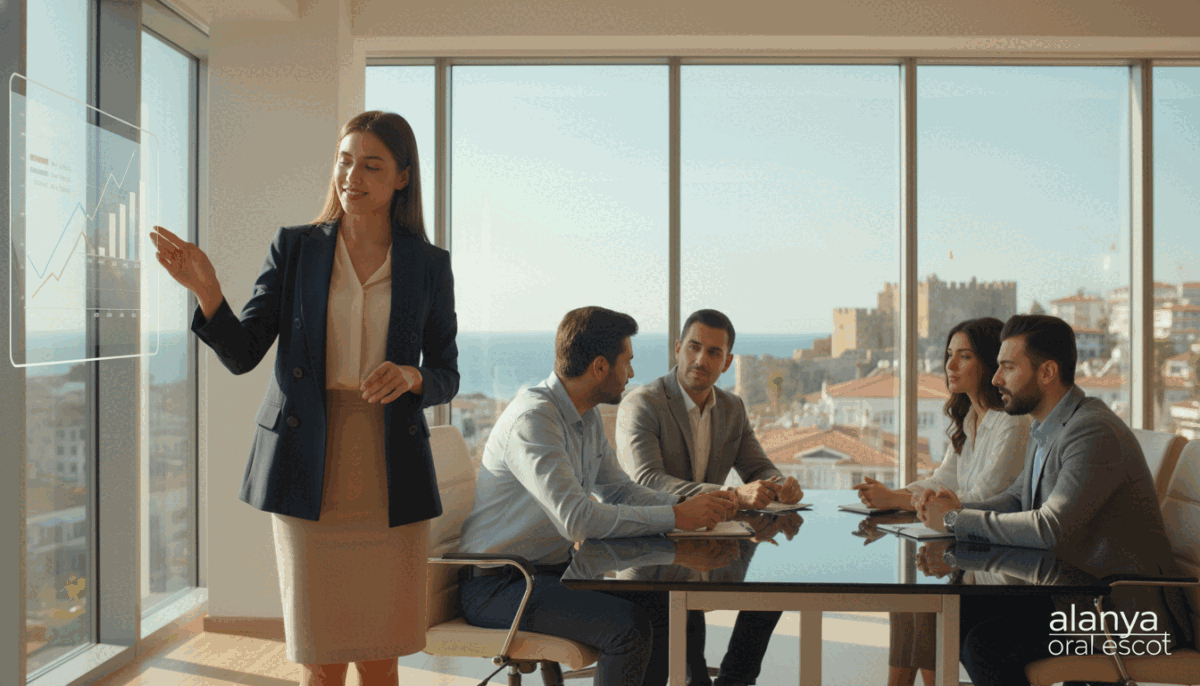 A serene and sophisticated business environment that reflects the concept of "Experience and Expectation Management". In the foreground, a well-dressed professional woman in modest business attire, confidently presenting a chart to an audience, symbolizing successful communication and management. In the middle ground, a diverse group of attentive individuals dressed in business casual clothing, engaged and discussing ideas, illustrating teamwork and collaboration. The background features a modern office with large windows showcasing a bright, sunny day in Alanya, giving a sense of optimism and clarity. The lighting is natural and warm, creating an inviting atmosphere. The lens perspective should be slightly elevated to capture the interaction clearly, emphasizing professionalism and mutual respect situated in a polished environment. Include a subtle logo of "alanya oral escort" in the corner to represent the brand subtly. A serene and sophisticated business environment that reflects the concept of "Experience and Expectation Management". In the foreground, a well-dressed professional woman in modest business attire, confidently presenting a chart to an audience, symbolizing successful communication and management. In the middle ground, a diverse group of attentive individuals dressed in business casual clothing, engaged and discussing ideas, illustrating teamwork and collaboration. The background features a modern office with large windows showcasing a bright, sunny day in Alanya, giving a sense of optimism and clarity. The lighting is natural and warm, creating an inviting atmosphere. The lens perspective should be slightly elevated to capture the interaction clearly, emphasizing professionalism and mutual respect situated in a polished environment. Include a subtle logo of "alanya oral escort" in the corner to represent the brand subtly.