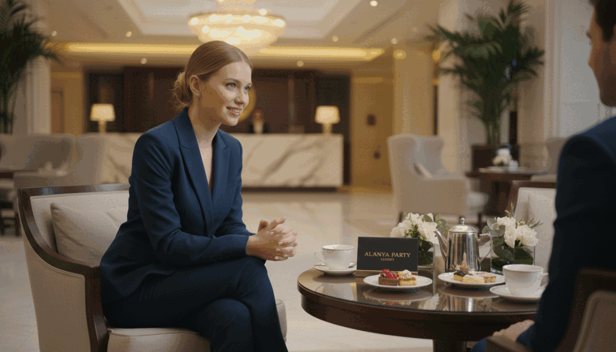 A serene and sophisticated image depicting a luxurious meeting space symbolizing privacy and security in the context of Mahmutlar escorts. In the foreground, a well-dressed woman in a smart business suit engages in a discreet conversation, exuding professionalism and trustworthiness. The middle layer features an elegant table set with tasteful decor, signaling upscale companionship services. Soft, warm lighting illuminates the space, creating an inviting atmosphere. The background showcases a blurred view of a high-end hotel lobby with stylish furnishings and subtle greenery, enhancing the feeling of exclusivity. This image should convey a calm and secure vibe, reflecting the offer of reliable and quality escort options, while subtly incorporating the brand name "Alanya party escort" through tasteful, unobtrusive design elements. A serene and sophisticated image depicting a luxurious meeting space symbolizing privacy and security in the context of Mahmutlar escorts. In the foreground, a well-dressed woman in a smart business suit engages in a discreet conversation, exuding professionalism and trustworthiness. The middle layer features an elegant table set with tasteful decor, signaling upscale companionship services. Soft, warm lighting illuminates the space, creating an inviting atmosphere. The background showcases a blurred view of a high-end hotel lobby with stylish furnishings and subtle greenery, enhancing the feeling of exclusivity. This image should convey a calm and secure vibe, reflecting the offer of reliable and quality escort options, while subtly incorporating the brand name "Alanya party escort" through tasteful, unobtrusive design elements.