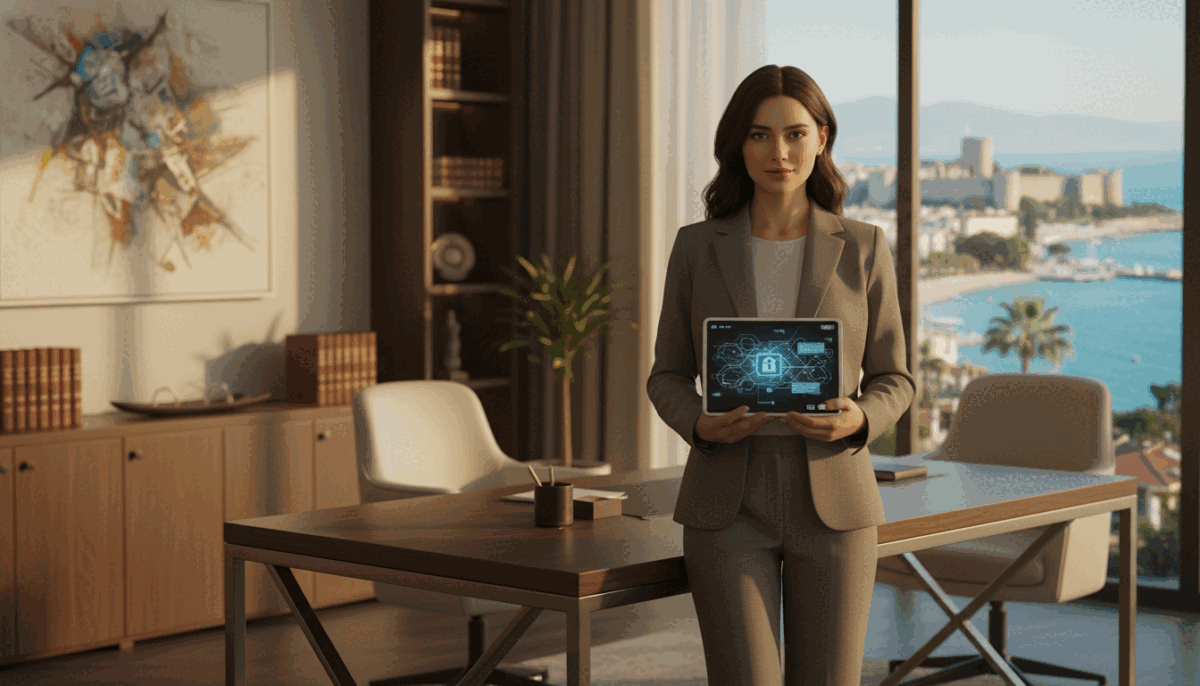 A serene and sophisticated image illustrating the concept of privacy and security. In the foreground, a stylish, professional woman in modest business attire confidently stands by a sleek, modern desk, holding a tablet displaying secure digital communications. The middle layer features a soft-focus backdrop of a luxurious, well-lit office with elegant decor, reinforcing a sense of professionalism and trust. The background shows a tasteful cityscape of Alanya, hinting at a vibrant coastal lifestyle. Warm, inviting lighting creates an atmosphere of comfort and safety. The overall mood should feel reassuring and prestigious, highlighting the commitment to privacy and high security standards of "alanya escort." No text or logos are to be included in the image. A serene and sophisticated image illustrating the concept of privacy and security. In the foreground, a stylish, professional woman in modest business attire confidently stands by a sleek, modern desk, holding a tablet displaying secure digital communications. The middle layer features a soft-focus backdrop of a luxurious, well-lit office with elegant decor, reinforcing a sense of professionalism and trust. The background shows a tasteful cityscape of Alanya, hinting at a vibrant coastal lifestyle. Warm, inviting lighting creates an atmosphere of comfort and safety. The overall mood should feel reassuring and prestigious, highlighting the commitment to privacy and high security standards of "alanya escort." No text or logos are to be included in the image.