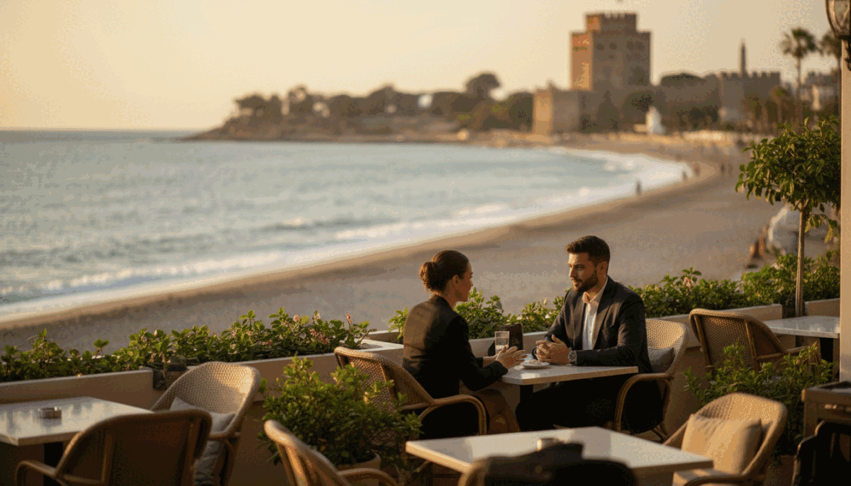 A serene and sophisticated setting capturing the essence of "Alanya escort services". The foreground features a well-dressed professional couple engaged in an enjoyable conversation at a stylish café terrace, surrounded by lush greenery and elegant decor. The middle ground includes a glimpse of stunning Alanya coastline in soft focus, with blue waves gently lapping against the shore, hinting at the beautiful backdrop of the city. The background showcases the iconic red tower and castle of Alanya under a warm, golden sunset sky, casting a peaceful glow over the scene. Bright, natural lighting emphasizes the friendly atmosphere, creating an inviting and relaxed vibe, with a slight depth of field enhancing the focus on the couple while blurring the stunning surroundings. A serene and sophisticated setting capturing the essence of "Alanya escort services". The foreground features a well-dressed professional couple engaged in an enjoyable conversation at a stylish café terrace, surrounded by lush greenery and elegant decor. The middle ground includes a glimpse of stunning Alanya coastline in soft focus, with blue waves gently lapping against the shore, hinting at the beautiful backdrop of the city. The background showcases the iconic red tower and castle of Alanya under a warm, golden sunset sky, casting a peaceful glow over the scene. Bright, natural lighting emphasizes the friendly atmosphere, creating an inviting and relaxed vibe, with a slight depth of field enhancing the focus on the couple while blurring the stunning surroundings.