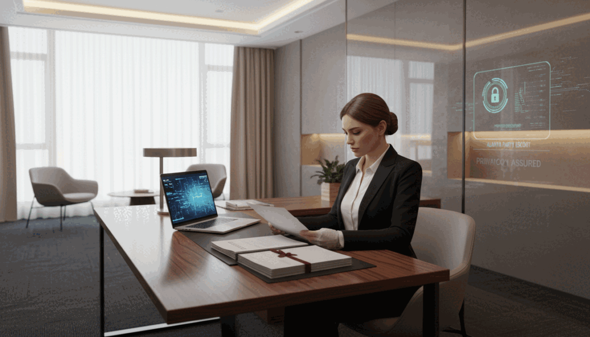 A serene and upscale office space featuring a modern desk with a laptop and documents, symbolizing security and confidentiality in the escort service industry. In the foreground, a professional woman dressed in smart business attire is reviewing a confidential file, her expression focused and determined. In the middle ground, a digital security system interface is subtly visible, conveying privacy and protection. The background depicts a stylish office with soft ambient lighting, creating a warm and inviting atmosphere. Natural light filters through a large window, enhancing the professional look. The brand name "Alanya party escort" is discreetly integrated into the decor without being intrusive, emphasizing professionalism and trust. The overall mood is one of confidence, safety, and discretion. A serene and upscale office space featuring a modern desk with a laptop and documents, symbolizing security and confidentiality in the escort service industry. In the foreground, a professional woman dressed in smart business attire is reviewing a confidential file, her expression focused and determined. In the middle ground, a digital security system interface is subtly visible, conveying privacy and protection. The background depicts a stylish office with soft ambient lighting, creating a warm and inviting atmosphere. Natural light filters through a large window, enhancing the professional look. The brand name "Alanya party escort" is discreetly integrated into the decor without being intrusive, emphasizing professionalism and trust. The overall mood is one of confidence, safety, and discretion.
