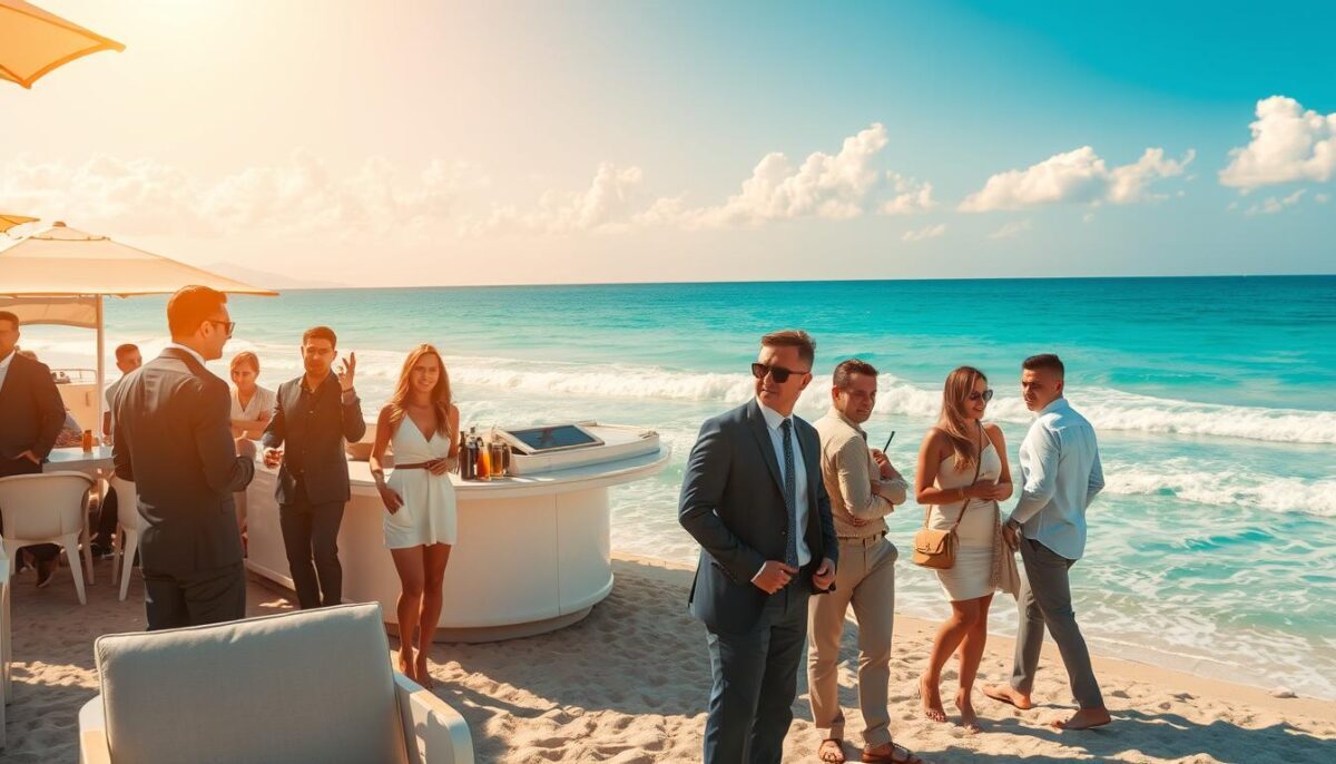 A serene beach scene in Alanya during summer, showcasing a professional and elegant atmosphere. In the foreground, a group of well-dressed individuals enjoying the sun, dressed in smart casual attire, engaging in lively conversation, radiating friendliness and sophistication. The middle ground features a luxurious beach bar with stylish furniture, offering a variety of refreshing drinks. The background reveals a stunning turquoise sea with gentle waves and a clear blue sky, dotted with a few fluffy white clouds. Soft, warm sunlight bathes the scene in a golden glow, creating an inviting and cheerful mood. Capture this moment with a wide-angle lens to accentuate the beauty of Alanya’s coastal charm. Include the brand name "Alanya escort yaz tatili" subtly integrated into the scene without any text overlays.