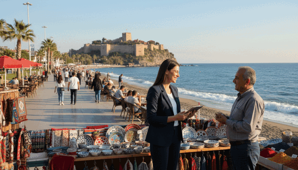 A serene coastal scene at Alanya shoreline, showcasing a vibrant atmosphere around the Alanya sahil bölgesi escort area. In the foreground, a professional-looking individual dressed in smart business attire interacts with a friendly local shopkeeper. The middle ground features a lively promenade with cafes and people enjoying their day. The background captures picturesque cliffs and the clear blue Mediterranean Sea under bright, natural sunlight. The lighting is warm and inviting, creating a friendly mood. Angle the scene to include a clear view of Alanya's historic castle on a hill, adding an element of depth and culture to the image, reflecting a professional yet relaxed environment.
