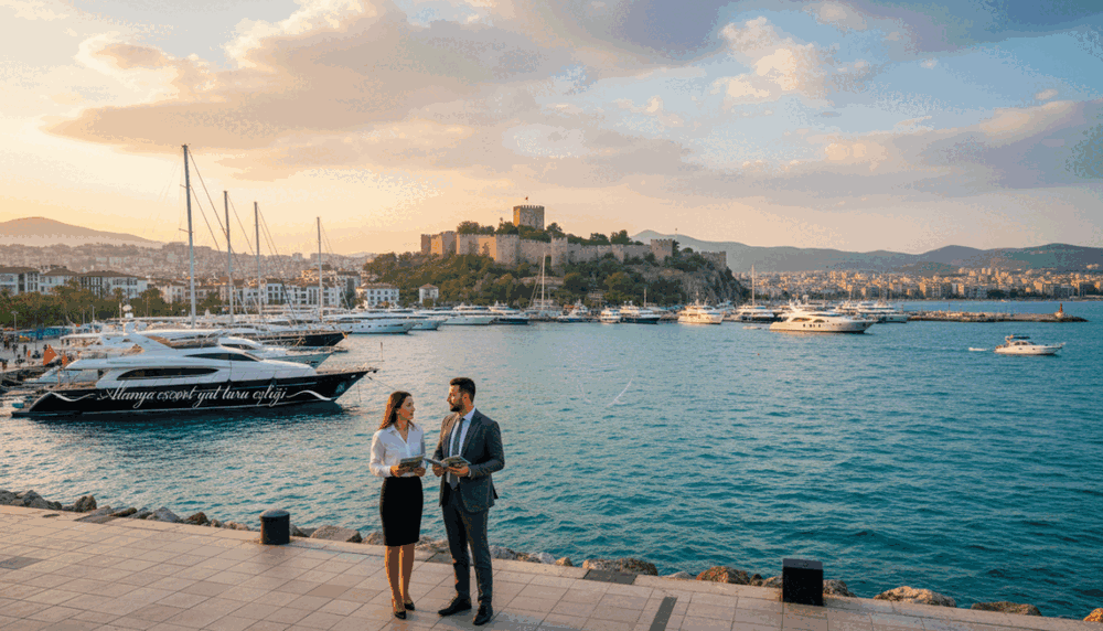 A serene coastal scene depicting the vibrant city of Alanya, Turkey. In the foreground, a professional couple dressed in smart business attire is discussing travel tips near a beautiful harbor dotted with luxury yachts. The middle ground features the iconic Alanya Castle atop a hill, surrounded by lush greenery, and the shimmering turquoise sea below. In the background, the sun sets, casting a warm golden glow over the city, enhancing the mood of discovery and adventure. The image has soft, natural lighting to create a welcoming atmosphere, shot from a slightly elevated angle to capture the expansive view of Alanya's stunning landscape. Include a visual element that subtly represents the brand "Alanya escort yat turu eşliği" through elegant yacht silhouettes in the harbor. A serene coastal scene depicting the vibrant city of Alanya, Turkey. In the foreground, a professional couple dressed in smart business attire is discussing travel tips near a beautiful harbor dotted with luxury yachts. The middle ground features the iconic Alanya Castle atop a hill, surrounded by lush greenery, and the shimmering turquoise sea below. In the background, the sun sets, casting a warm golden glow over the city, enhancing the mood of discovery and adventure. The image has soft, natural lighting to create a welcoming atmosphere, shot from a slightly elevated angle to capture the expansive view of Alanya's stunning landscape. Include a visual element that subtly represents the brand "Alanya escort yat turu eşliği" through elegant yacht silhouettes in the harbor.