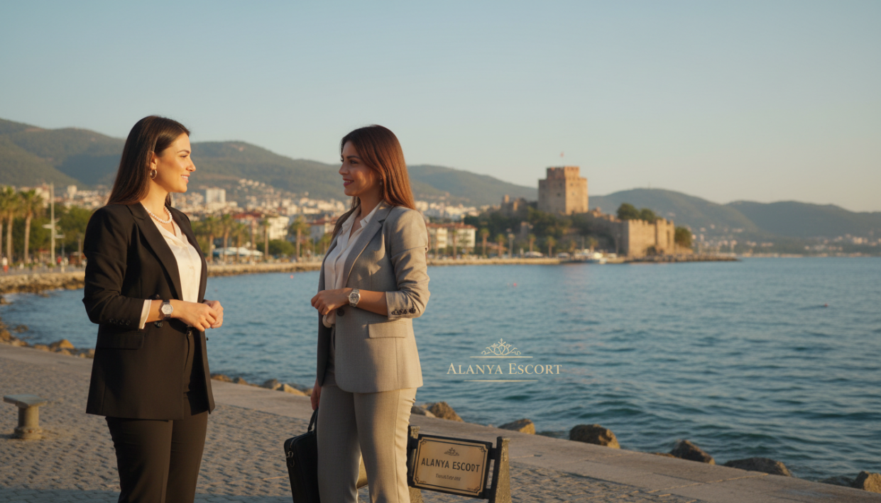 A serene coastal scene in Alanya, showcasing two professional women dressed in elegant business attire engaging in an inviting discussion near the picturesque harbor. In the foreground, emphasize their confident expressions and stylish outfits, symbolizing sophistication and professionalism. The middle layer features the vibrant Alanya skyline, with iconic landmarks like the Alanya Castle and beautiful seaside views, bathed in the warm glow of golden hour sunlight. The background portrays gentle waves lapping against the shore, framed by lush greenery of the nearby hills. The overall atmosphere is one of relaxation and professionalism, highlighting the unique distinctions of escort services in Alanya. The branding "alanya escort" subtly integrated into the scene, enhancing the sense of location and service.