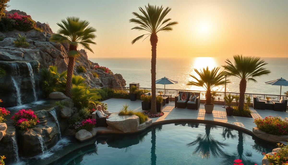 A serene hidden oasis in Alanya, showcasing lush greenery and cascading waterfalls nestled within a rocky landscape. In the foreground, a tranquil pool reflects the vibrant colors of blooming flowers, surrounded by palm trees swaying gently in the breeze. The middle ground features elegant, tastefully designed outdoor seating areas with subtle hints of luxury, featuring modestly dressed individuals enjoying a moment of relaxation. In the background, the Mediterranean Sea glistens under a warm golden sunset, casting a dreamy glow over the scene. The atmosphere is peaceful and inviting, perfect for an elite lifestyle getaway. The scene embodies the charm and beauty of "Alanya'nın Gizli Cennet Köşeleri" while subtly representing "Alanya escort yaz tatili". Bright, natural lighting enhances the vivid colors, captured from a slightly elevated angle to provide a panoramic view. A serene hidden oasis in Alanya, showcasing lush greenery and cascading waterfalls nestled within a rocky landscape. In the foreground, a tranquil pool reflects the vibrant colors of blooming flowers, surrounded by palm trees swaying gently in the breeze. The middle ground features elegant, tastefully designed outdoor seating areas with subtle hints of luxury, featuring modestly dressed individuals enjoying a moment of relaxation. In the background, the Mediterranean Sea glistens under a warm golden sunset, casting a dreamy glow over the scene. The atmosphere is peaceful and inviting, perfect for an elite lifestyle getaway. The scene embodies the charm and beauty of "Alanya'nın Gizli Cennet Köşeleri" while subtly representing "Alanya escort yaz tatili". Bright, natural lighting enhances the vivid colors, captured from a slightly elevated angle to provide a panoramic view.