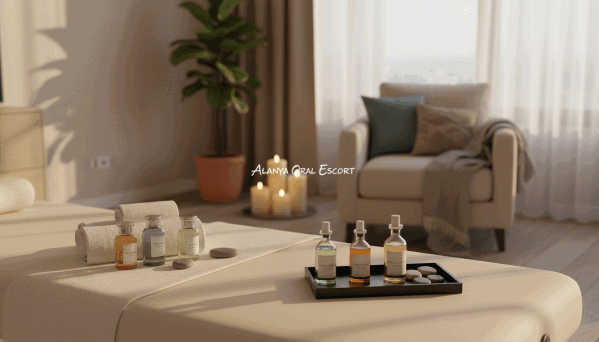 A serene home massage preparation scene, focusing on a softly lit room that evokes relaxation. In the foreground, a neatly arranged massage table with fresh, plush towels, aromatic oils, and calming stones. The middle ground features a warm, inviting atmosphere, with a small indoor plant and candles softly illuminating the space. The background shows a cozy corner with a comfortable chair and decorative cushions, adding to the tranquil environment. The lighting is warm and gentle, simulating the golden hour, creating a peaceful mood. Capture this scene with a soft focus effect, highlighting the serenity and readiness for a soothing massage experience. Include subtle branding elements reflective of "alanya oral escort", ensuring professionalism and a welcoming vibe. A serene home massage preparation scene, focusing on a softly lit room that evokes relaxation. In the foreground, a neatly arranged massage table with fresh, plush towels, aromatic oils, and calming stones. The middle ground features a warm, inviting atmosphere, with a small indoor plant and candles softly illuminating the space. The background shows a cozy corner with a comfortable chair and decorative cushions, adding to the tranquil environment. The lighting is warm and gentle, simulating the golden hour, creating a peaceful mood. Capture this scene with a soft focus effect, highlighting the serenity and readiness for a soothing massage experience. Include subtle branding elements reflective of "alanya oral escort", ensuring professionalism and a welcoming vibe.