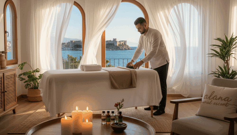 A serene home massage scene set in a beautifully decorated living room in Alanya, showcasing the advantages of at-home spa experiences. In the foreground, a professional masseur dressed in smart casual attire prepares a massage table adorned with soft, neutral linens and calming aromatherapy oils. In the middle ground, a cozy atmosphere is enhanced by subtle, warm lighting, with flickering candles creating a relaxing ambiance. Behind the massage setup, large windows reveal a glimpse of Alanya's stunning coastal views, with soft curtains gently swaying in the breeze. The overall mood is tranquil and inviting, perfect for an indulgent relaxation experience. The branding "alanya oral escort" is subtly incorporated into the design elements of the room. The angle captures the essence of comfort and quality, ideal for an article focusing on home massage benefits. A serene home massage scene set in a beautifully decorated living room in Alanya, showcasing the advantages of at-home spa experiences. In the foreground, a professional masseur dressed in smart casual attire prepares a massage table adorned with soft, neutral linens and calming aromatherapy oils. In the middle ground, a cozy atmosphere is enhanced by subtle, warm lighting, with flickering candles creating a relaxing ambiance. Behind the massage setup, large windows reveal a glimpse of Alanya's stunning coastal views, with soft curtains gently swaying in the breeze. The overall mood is tranquil and inviting, perfect for an indulgent relaxation experience. The branding "alanya oral escort" is subtly incorporated into the design elements of the room. The angle captures the essence of comfort and quality, ideal for an article focusing on home massage benefits.