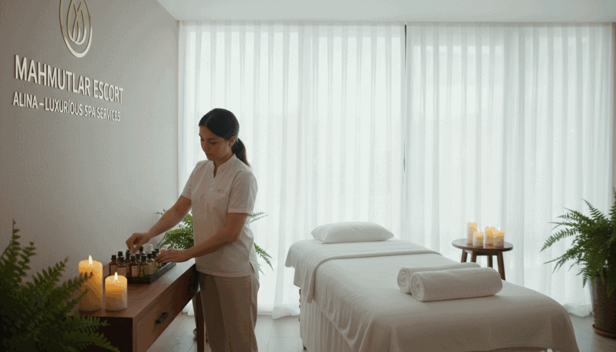 A serene massage experience at a luxurious spa in Mahmutlar, showcasing an elegant treatment room with soft, ambient lighting. In the foreground, a professional massage therapist, dressed in a smart white shirt and khaki pants, gently prepares aromatherapy oils on a wooden table, exuding a calming presence. The middle ground features a massage table draped in plush white linens, surrounded by soothing candles and green plants for a tranquil atmosphere. The background reveals large windows with sheer curtains, allowing natural light to fill the space and enhance the peaceful ambiance. The overall mood is one of relaxation and rejuvenation, inviting clients to explore the luxurious services offered by "mahmutlar escort alina". A serene massage experience at a luxurious spa in Mahmutlar, showcasing an elegant treatment room with soft, ambient lighting. In the foreground, a professional massage therapist, dressed in a smart white shirt and khaki pants, gently prepares aromatherapy oils on a wooden table, exuding a calming presence. The middle ground features a massage table draped in plush white linens, surrounded by soothing candles and green plants for a tranquil atmosphere. The background reveals large windows with sheer curtains, allowing natural light to fill the space and enhance the peaceful ambiance. The overall mood is one of relaxation and rejuvenation, inviting clients to explore the luxurious services offered by "mahmutlar escort alina".