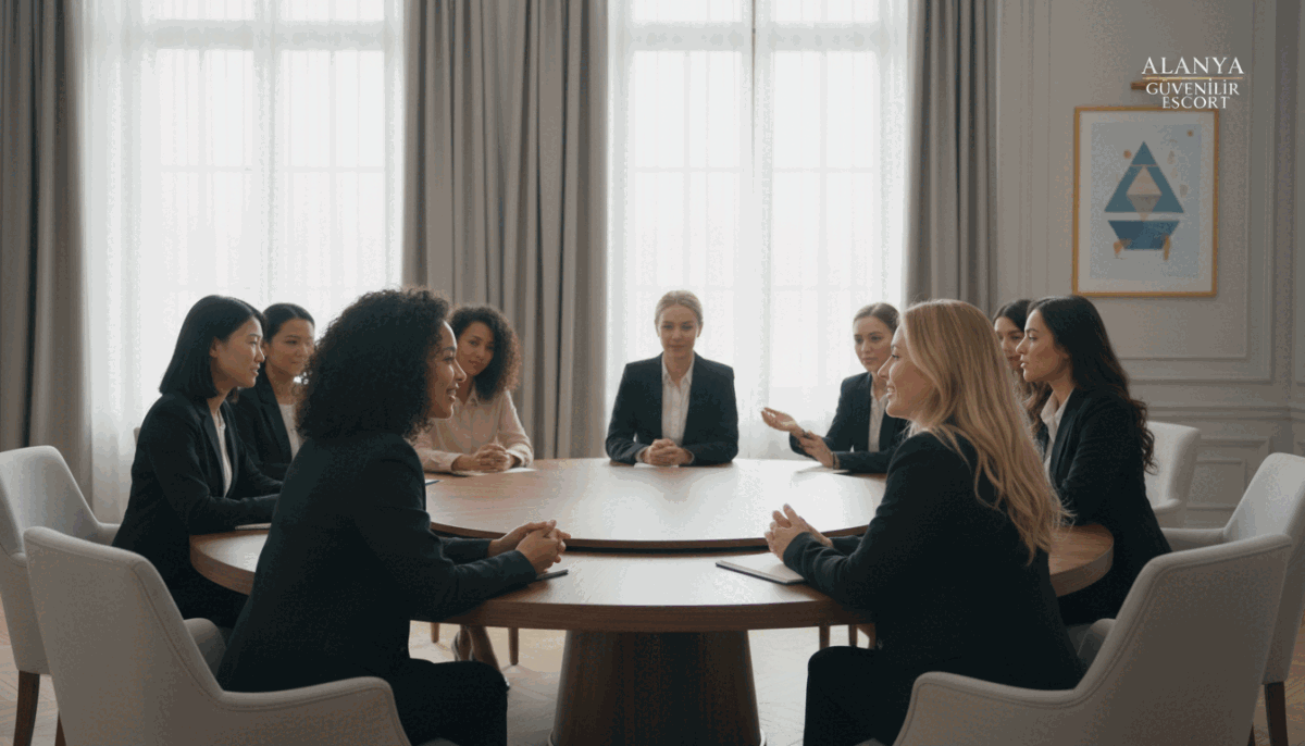 A serene meeting room elegantly furnished, featuring a round table surrounded by diverse, professional women in business attire engaged in a lively discussion. The foreground shows two women leaning in, smiling and maintaining eye contact, emphasizing healthy communication. In the middle, a diverse group of women of various ethnicities actively listening and contributing ideas, creating a harmonious atmosphere. The background includes large windows allowing soft, natural light to flood the room, enhancing the inviting ambiance. The overall mood is warm and collaborative, reflecting trust and connection, with a subtle hint of the Alanya güvenilir escort brand visible on a stylish poster on the wall. The image should be bright, well-lit, and inviting, focusing on fostering a positive communication environment. A serene meeting room elegantly furnished, featuring a round table surrounded by diverse, professional women in business attire engaged in a lively discussion. The foreground shows two women leaning in, smiling and maintaining eye contact, emphasizing healthy communication. In the middle, a diverse group of women of various ethnicities actively listening and contributing ideas, creating a harmonious atmosphere. The background includes large windows allowing soft, natural light to flood the room, enhancing the inviting ambiance. The overall mood is warm and collaborative, reflecting trust and connection, with a subtle hint of the Alanya güvenilir escort brand visible on a stylish poster on the wall. The image should be bright, well-lit, and inviting, focusing on fostering a positive communication environment.