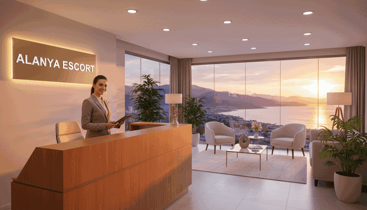 A serene, modern reception area designed for a professional escort booking service, labeled "alanya escort". In the foreground, a polished wooden desk with a friendly, well-dressed receptionist smiling and holding a tablet. The middle ground features a stylish lounge area with elegant furniture, tastefully decorated with potted plants and soft, inviting lighting. The background shows a large window with a view of Alanya's stunning coastline during golden hour, casting a warm glow throughout the room. The mood should convey safety, comfort, and professionalism, inviting potential clients to feel at ease while making a reservation. Use a balanced composition with a focus on natural light and a soft depth of field to create an inviting atmosphere. A serene, modern reception area designed for a professional escort booking service, labeled "alanya escort". In the foreground, a polished wooden desk with a friendly, well-dressed receptionist smiling and holding a tablet. The middle ground features a stylish lounge area with elegant furniture, tastefully decorated with potted plants and soft, inviting lighting. The background shows a large window with a view of Alanya's stunning coastline during golden hour, casting a warm glow throughout the room. The mood should convey safety, comfort, and professionalism, inviting potential clients to feel at ease while making a reservation. Use a balanced composition with a focus on natural light and a soft depth of field to create an inviting atmosphere.