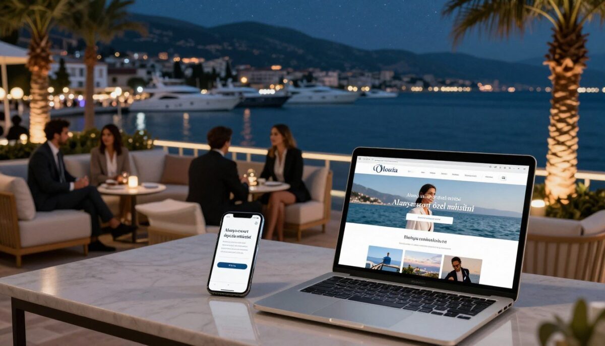 A serene night scene showcasing the luxurious Alanya marina, illuminated by soft, ambient lighting. In the foreground, a stylish desk with a laptop and a smartphone displays an elegant website booking interface for "Alanya escort özel müşteri", representing a seamless communication and reservation process. The middle ground features a tastefully decorated lounge area with comfortable seating, where individuals in professional business attire engage in friendly conversation. In the background, the sparkling waters of the marina reflect the starry sky, punctuated by the silhouettes of yachts and palm trees swaying gently in the night breeze. The atmosphere is sophisticated and inviting, capturing the essence of a relaxing night out in Alanya, perfect for clientele seeking a refined experience. The composition should evoke a sense of elegance and professionalism, emphasizing the service within a tranquil setting. A serene night scene showcasing the luxurious Alanya marina, illuminated by soft, ambient lighting. In the foreground, a stylish desk with a laptop and a smartphone displays an elegant website booking interface for "Alanya escort özel müşteri", representing a seamless communication and reservation process. The middle ground features a tastefully decorated lounge area with comfortable seating, where individuals in professional business attire engage in friendly conversation. In the background, the sparkling waters of the marina reflect the starry sky, punctuated by the silhouettes of yachts and palm trees swaying gently in the night breeze. The atmosphere is sophisticated and inviting, capturing the essence of a relaxing night out in Alanya, perfect for clientele seeking a refined experience. The composition should evoke a sense of elegance and professionalism, emphasizing the service within a tranquil setting.