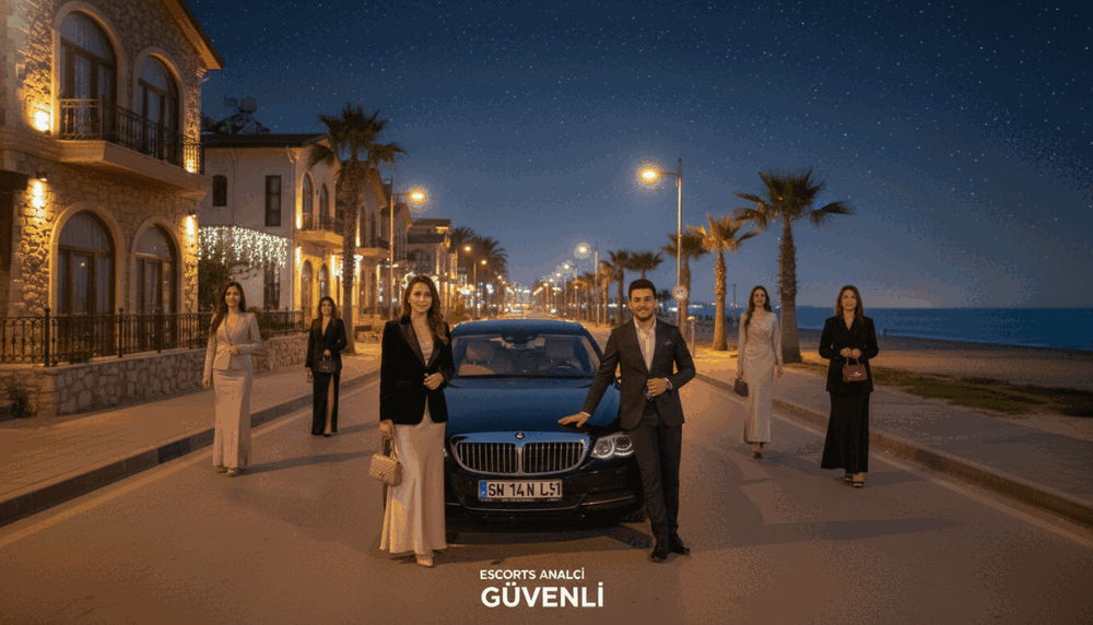 A serene nighttime scene in Mahmutlar, featuring a well-lit street with elegant, professional escorts in modest evening attire. In the foreground, two confident individuals stand near a stylish car, exuding a sense of safety and professionalism. The middle ground showcases charming local architecture bathed in soft, warm lighting, while the background features palm trees and a tranquil beach, with stars twinkling above, creating a relaxed atmosphere. The scene captures the essence of "mahmutlar analcı yapan escort" services, emphasizing safety and reliability. Use a wide-angle lens to capture the vibrancy of the setting, and maintain a balanced, inviting mood throughout the image.