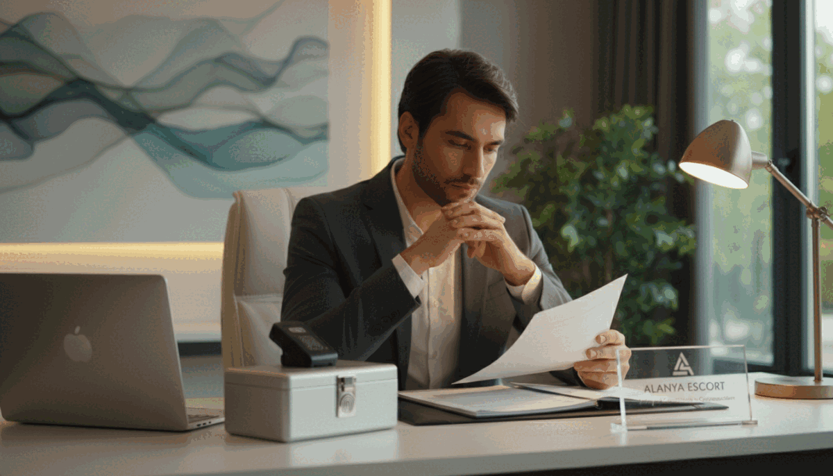 A serene office environment reflecting professionalism and discretion. In the foreground, a sleek, modern desk with a closed laptop and a secure lockbox, symbolizing security and privacy. In the middle, a stylishly dressed person in business attire, deep in thought, reviewing documents with a serious expression. The background features a softly lit wall adorned with abstract art emphasizing calmness and trust, while gently blurred greenery outside the window adds a touch of nature. The lighting is warm and inviting, creating a comfortable yet secure atmosphere. This visual encapsulates the essence of "Güvenlik ve Gizlilik Politikamız" associated with the brand "alanya escort," focusing on safety and confidentiality in communication. A serene office environment reflecting professionalism and discretion. In the foreground, a sleek, modern desk with a closed laptop and a secure lockbox, symbolizing security and privacy. In the middle, a stylishly dressed person in business attire, deep in thought, reviewing documents with a serious expression. The background features a softly lit wall adorned with abstract art emphasizing calmness and trust, while gently blurred greenery outside the window adds a touch of nature. The lighting is warm and inviting, creating a comfortable yet secure atmosphere. This visual encapsulates the essence of "Güvenlik ve Gizlilik Politikamız" associated with the brand "alanya escort," focusing on safety and confidentiality in communication.