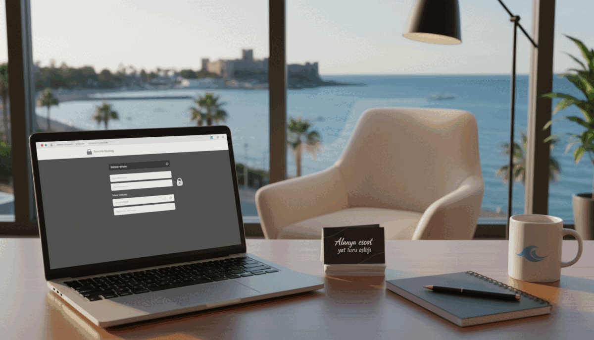 A serene office setting depicting the concept of secure booking for an escort service in Alanya. In the foreground, a professional-looking desk with a laptop open to a booking system interface, displaying an elegant and user-friendly design. On the desk, there are neatly arranged business cards for "Alanya escort yat turu eşliği," alongside a stylish notepad and a coffee mug. The middle ground features a warm, inviting armchair with soft lighting focusing on it, suggesting comfort and professionalism. In the background, a large window reveals a picturesque view of Alanya’s coastline, bathed in golden hour light, creating a calm and trustworthy atmosphere. The scene conveys a mood of safety, professionalism, and relaxation, ideal for illustrating the reservation process.