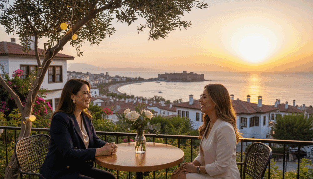 A serene romantic scene set in a cozy outdoor café in Alanya at sunset. In the foreground, two elegantly dressed women in professional attire engage in lively conversation, their warm smiles reflecting joy and connection. They are seated at a small table adorned with a delicate flower vase, surrounded by soft, ambient light. In the middle ground, lush greenery and Mediterranean architecture add to the charm, while a beautiful view of the coastline creates a stunning backdrop. The golden hues of the setting sun cast a warm glow over the scene, enhancing the inviting atmosphere. The image captures a blend of elegance and warmth, embodying the experience of spending memorable moments with "alanya escort" companions.