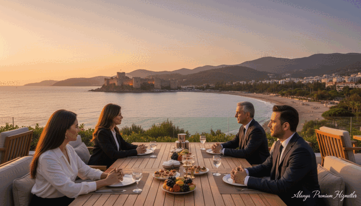 A serene scene depicting a luxurious setting in Alanya, Turkey, to illustrate "Alanya premium escort ücretleri." In the foreground, a stylishly arranged outdoor terrace with elegant, modestly dressed individuals engaging in professional networking. They are seated around a beautifully arranged table with light refreshments, enjoying a vibrant sunset. The middle ground features the stunning coastline of Alanya with its inviting blue waters and picturesque mountains. The background includes the historic Alanya Castle, softly lit by the golden hour light, creating a warm and welcoming atmosphere. The overall mood is refined and exclusive, evoking a sense of safety and professionalism in the lush surroundings. The lighting is soft, highlighting the elegance of the scene, with a focus on natural beauty and sophistication. A serene scene depicting a luxurious setting in Alanya, Turkey, to illustrate "Alanya premium escort ücretleri." In the foreground, a stylishly arranged outdoor terrace with elegant, modestly dressed individuals engaging in professional networking. They are seated around a beautifully arranged table with light refreshments, enjoying a vibrant sunset. The middle ground features the stunning coastline of Alanya with its inviting blue waters and picturesque mountains. The background includes the historic Alanya Castle, softly lit by the golden hour light, creating a warm and welcoming atmosphere. The overall mood is refined and exclusive, evoking a sense of safety and professionalism in the lush surroundings. The lighting is soft, highlighting the elegance of the scene, with a focus on natural beauty and sophistication.
