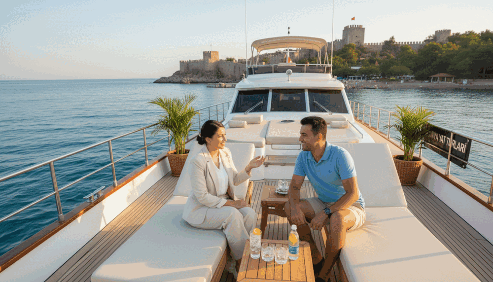 A serene scene depicting a luxurious yacht anchored off the beautiful coast of Alanya, Turkey, showcasing the vibrant Mediterranean waters. In the foreground, a professional-looking escort service representative in modest business attire is engaging with a client on the deck, both enjoying a friendly conversation. The middle layer features the exquisite yacht adorned with tasteful decorations, surrounded by lounging areas and a small table with refreshing drinks. In the background, the picturesque Alanya castle rises majestically against a clear blue sky, while lush greenery frames the coastline. The atmosphere is relaxed yet elegant, illuminated by the soft golden light of the late afternoon sun. The image emphasizes leisure and professional service, embodying the essence of "Alanya escort yat turu eşliği." A serene scene depicting a luxurious yacht anchored off the beautiful coast of Alanya, Turkey, showcasing the vibrant Mediterranean waters. In the foreground, a professional-looking escort service representative in modest business attire is engaging with a client on the deck, both enjoying a friendly conversation. The middle layer features the exquisite yacht adorned with tasteful decorations, surrounded by lounging areas and a small table with refreshing drinks. In the background, the picturesque Alanya castle rises majestically against a clear blue sky, while lush greenery frames the coastline. The atmosphere is relaxed yet elegant, illuminated by the soft golden light of the late afternoon sun. The image emphasizes leisure and professional service, embodying the essence of "Alanya escort yat turu eşliği."