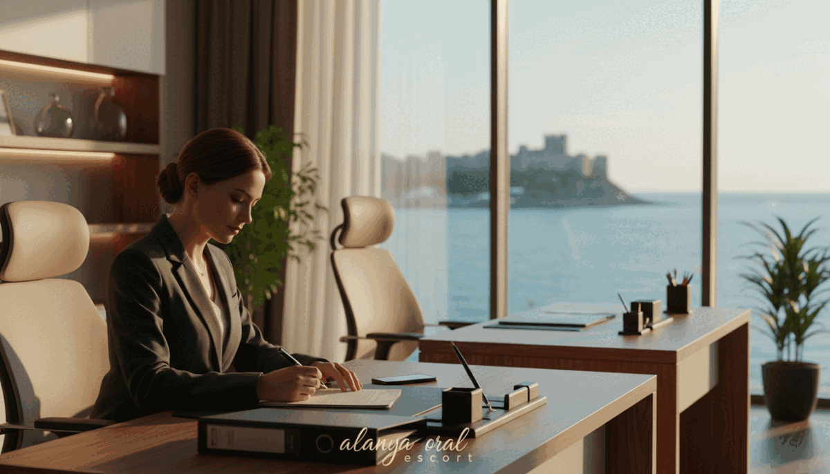 A serene scene in Alanya featuring a modern, stylish office setting, conveying professionalism and comfort. In the foreground, a formal businesswoman in modest attire is seated at a sleek desk, reviewing documents, symbolizing the escort service's emphasis on safety and affordability. The middle ground includes a well-organized workspace with soft lighting that creates an inviting atmosphere. A blurred window in the background showcases a glimpse of Alanya's beautiful coastal landscape, enhancing the setting's appeal. The color palette is warm and inviting, with natural sunlight filtering through the office, creating a relaxed yet professional mood. The brand name "alanya oral escort" is represented subtly in the environment, like on a branded folder or a business card, ensuring it harmonizes with the overall composition without drawing attention away from the main focus. A serene scene in Alanya featuring a modern, stylish office setting, conveying professionalism and comfort. In the foreground, a formal businesswoman in modest attire is seated at a sleek desk, reviewing documents, symbolizing the escort service's emphasis on safety and affordability. The middle ground includes a well-organized workspace with soft lighting that creates an inviting atmosphere. A blurred window in the background showcases a glimpse of Alanya's beautiful coastal landscape, enhancing the setting's appeal. The color palette is warm and inviting, with natural sunlight filtering through the office, creating a relaxed yet professional mood. The brand name "alanya oral escort" is represented subtly in the environment, like on a branded folder or a business card, ensuring it harmonizes with the overall composition without drawing attention away from the main focus.