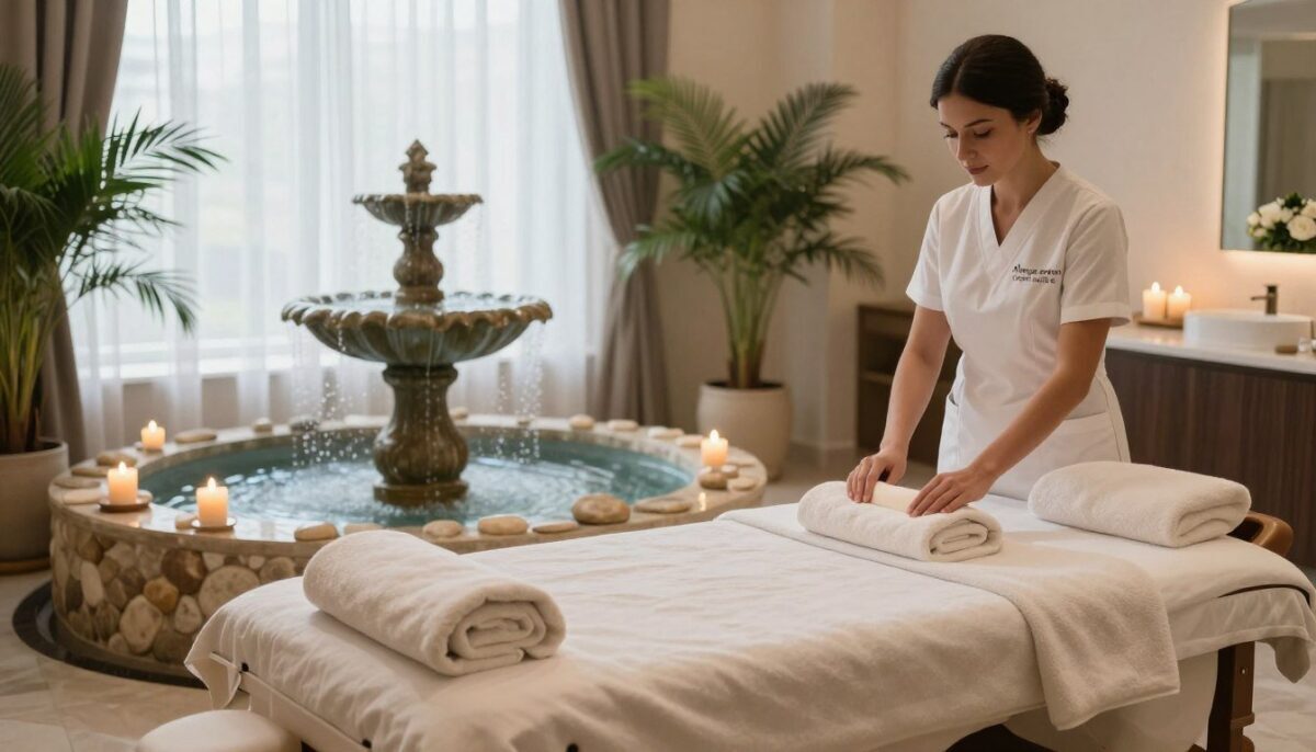 A serene spa scene in Alanya featuring luxurious spa services. In the foreground, a well-appointed treatment room with a plush massage table and soft towels arranged neatly. Aromatic candles emit a gentle glow, casting warm light. In the middle ground, a soothing water fountain with smooth stones surrounds the space, creating a tranquil atmosphere. Lush indoor plants add a touch of nature. The background features large windows draped with sheer curtains, allowing natural light to filter in and illuminate the room. The mood is calm and inviting, reflecting relaxation and rejuvenation. A professional, elegantly dressed wellness therapist is preparing for a treatment, embodying the essence of luxury from "Alanya escort özel müşteri." The image should portray a peaceful, upscale setting conducive to restful activities, with an emphasis on self-care. A serene spa scene in Alanya featuring luxurious spa services. In the foreground, a well-appointed treatment room with a plush massage table and soft towels arranged neatly. Aromatic candles emit a gentle glow, casting warm light. In the middle ground, a soothing water fountain with smooth stones surrounds the space, creating a tranquil atmosphere. Lush indoor plants add a touch of nature. The background features large windows draped with sheer curtains, allowing natural light to filter in and illuminate the room. The mood is calm and inviting, reflecting relaxation and rejuvenation. A professional, elegantly dressed wellness therapist is preparing for a treatment, embodying the essence of luxury from "Alanya escort özel müşteri." The image should portray a peaceful, upscale setting conducive to restful activities, with an emphasis on self-care.