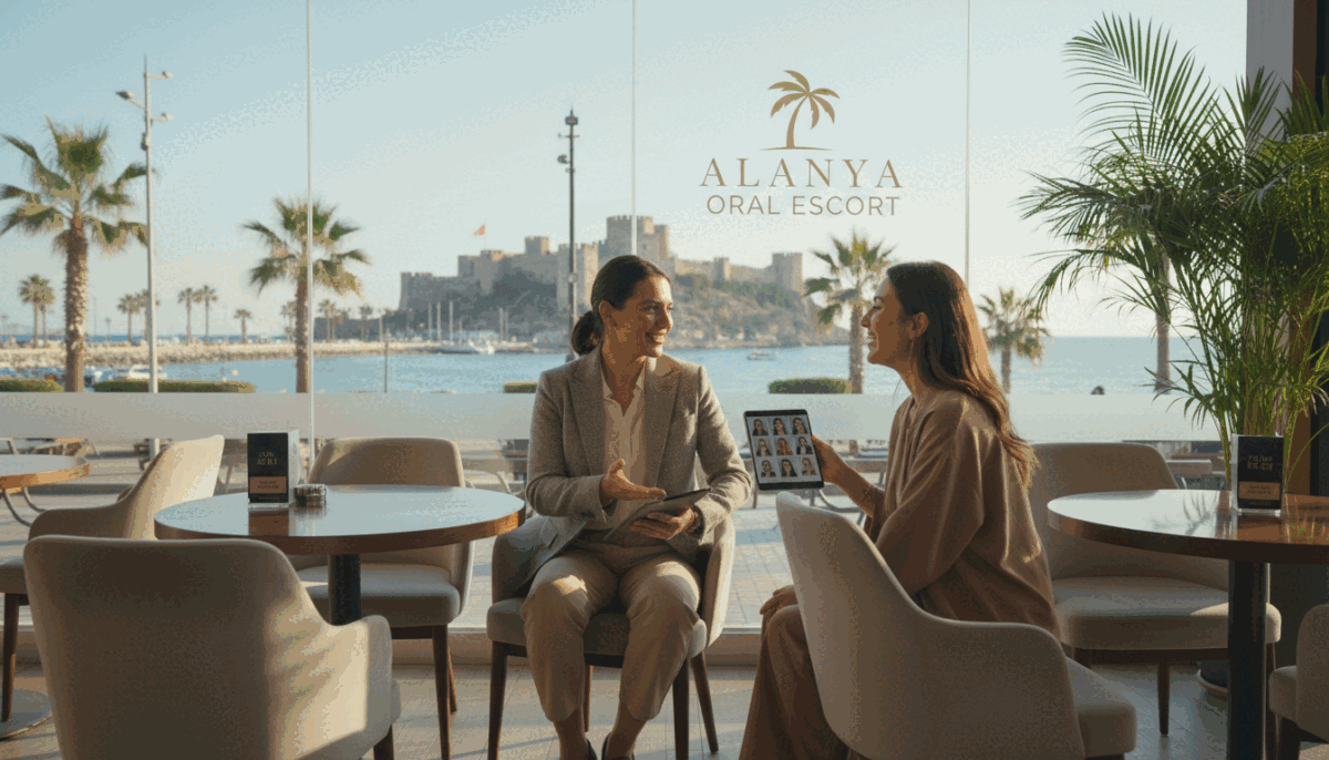 A serene, upscale scene depicting a professional escort service in Alanya. In the foreground, a well-dressed individual in smart casual attire is engaged in a friendly conversation, exuding warmth and professionalism. The middle ground features an elegant, modern café setting with stylish furniture and soft, ambient lighting, creating an inviting atmosphere. In the background, the picturesque Alanya coastline, with palm trees and a clear blue sky, adds a touch of elegance to the scene. The lighting is soft and warm, capturing the pleasant atmosphere of a sunny day. The overall mood is welcoming and professional, emphasizing the concept of affordable escort services in a tasteful manner. Include the brand name "alanya oral escort" discreetly integrated into the cafe setting, ensuring it harmonizes with the overall image without being intrusive. A serene, upscale scene depicting a professional escort service in Alanya. In the foreground, a well-dressed individual in smart casual attire is engaged in a friendly conversation, exuding warmth and professionalism. The middle ground features an elegant, modern café setting with stylish furniture and soft, ambient lighting, creating an inviting atmosphere. In the background, the picturesque Alanya coastline, with palm trees and a clear blue sky, adds a touch of elegance to the scene. The lighting is soft and warm, capturing the pleasant atmosphere of a sunny day. The overall mood is welcoming and professional, emphasizing the concept of affordable escort services in a tasteful manner. Include the brand name "alanya oral escort" discreetly integrated into the cafe setting, ensuring it harmonizes with the overall image without being intrusive.
