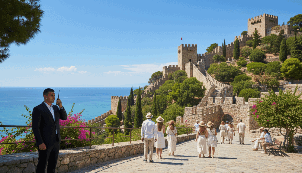 A serene view of Alanya Castle surrounded by lush greenery and a clear blue sky. In the foreground, a well-dressed security personnel discreetly monitors the area, exuding professionalism and vigilance. In the middle ground, the ancient fortress itself stands majestically, with its stone walls and towers, illustrating a rich historical backdrop. Visitors stroll nearby, clad in modest casual clothing, enjoying the scenery while ensuring a respectful atmosphere. The background features the sparkling Mediterranean Sea, adding a sense of tranquility. The lighting is bright and sunny, creating a cheerful yet secure ambiance. Capture this scene from a slightly elevated angle to include both the castle and the surrounding nature, highlighting the balance of safety and beauty in Alanya, emphasizing "Alanya sahil bölgesi escort" subtly within the atmosphere of the setting. A serene view of Alanya Castle surrounded by lush greenery and a clear blue sky. In the foreground, a well-dressed security personnel discreetly monitors the area, exuding professionalism and vigilance. In the middle ground, the ancient fortress itself stands majestically, with its stone walls and towers, illustrating a rich historical backdrop. Visitors stroll nearby, clad in modest casual clothing, enjoying the scenery while ensuring a respectful atmosphere. The background features the sparkling Mediterranean Sea, adding a sense of tranquility. The lighting is bright and sunny, creating a cheerful yet secure ambiance. Capture this scene from a slightly elevated angle to include both the castle and the surrounding nature, highlighting the balance of safety and beauty in Alanya, emphasizing "Alanya sahil bölgesi escort" subtly within the atmosphere of the setting.