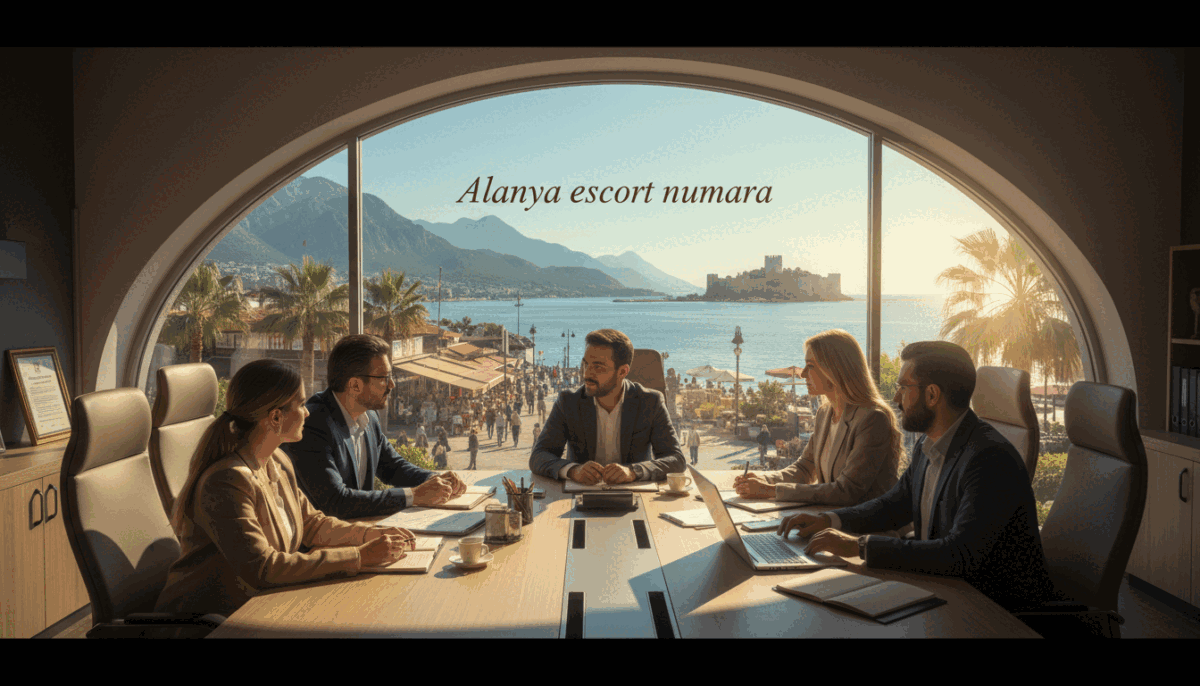 A serene view of Alanya's stunning coastal landscape during the day, showcasing its iconic castle and azure sea. In the foreground, depict a professional office setting where a diverse group of businesspeople dressed in smart casual attire are in a discussion around a table, symbolizing the legal aspects of local regulations. In the middle ground, include a window revealing the sunlit streets of Alanya, hinting at the vibrant atmosphere outside. The background should capture the majestic Taurus Mountains under a bright blue sky. Use natural lighting to create a warm and inviting mood, with soft shadows to enhance depth. The image subtly incorporates the brand name "Alanya escort numara" as a tasteful element in the office decor, ensuring a professional representation of the topic without any inappropriate connotations.