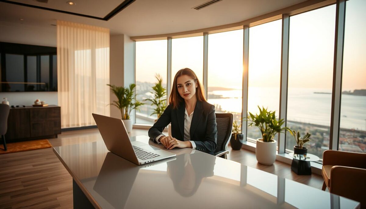 A serene view of a modern, upscale office interior in Alanya, showcasing the concept of reliable escort services. In the foreground, a well-dressed professional woman is seated at a sleek desk with a laptop open, portraying confidence and professionalism. She wears modest yet stylish business attire, exuding an aura of trustworthiness and competence. The middle ground features a warm, inviting atmosphere with potted plants and tasteful décor, emphasizing a welcoming environment. In the background, large windows reveal a picturesque view of Alanya’s iconic coastline bathed in soft, golden afternoon light. The scene is captured with a focus on clarity and depth, using a wide-angle lens to enhance the spaciousness while ensuring the ambiance conveys professionalism and reliability, aligning with the essence of "Alanya escort yaz tatili". A serene view of a modern, upscale office interior in Alanya, showcasing the concept of reliable escort services. In the foreground, a well-dressed professional woman is seated at a sleek desk with a laptop open, portraying confidence and professionalism. She wears modest yet stylish business attire, exuding an aura of trustworthiness and competence. The middle ground features a warm, inviting atmosphere with potted plants and tasteful décor, emphasizing a welcoming environment. In the background, large windows reveal a picturesque view of Alanya’s iconic coastline bathed in soft, golden afternoon light. The scene is captured with a focus on clarity and depth, using a wide-angle lens to enhance the spaciousness while ensuring the ambiance conveys professionalism and reliability, aligning with the essence of "Alanya escort yaz tatili".