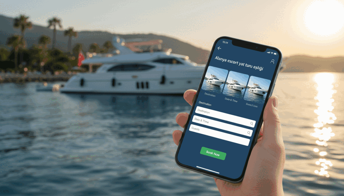 A sleek and modern digital interface depicting an easy and fast booking process for a yacht charter service named "Alanya escort yat turu eşliği." In the foreground, showcase a smartphone displaying a user-friendly app interface with vibrant images of luxurious yachts and the booking form. The middle layer features an elegant yacht anchored in a pristine blue sea, reflecting sunlight, with palm trees in the background, creating a tropical atmosphere. Use warm, inviting lighting to enhance the mood, with a slight bokeh effect in the background to draw focus on the booking screen. The angle should be slightly elevated, capturing both the app and the stunning yacht scenery. Aim for a professional yet relaxed vibe that conveys efficiency and elegance, perfect for attracting potential clients. A sleek and modern digital interface depicting an easy and fast booking process for a yacht charter service named "Alanya escort yat turu eşliği." In the foreground, showcase a smartphone displaying a user-friendly app interface with vibrant images of luxurious yachts and the booking form. The middle layer features an elegant yacht anchored in a pristine blue sea, reflecting sunlight, with palm trees in the background, creating a tropical atmosphere. Use warm, inviting lighting to enhance the mood, with a slight bokeh effect in the background to draw focus on the booking screen. The angle should be slightly elevated, capturing both the app and the stunning yacht scenery. Aim for a professional yet relaxed vibe that conveys efficiency and elegance, perfect for attracting potential clients.