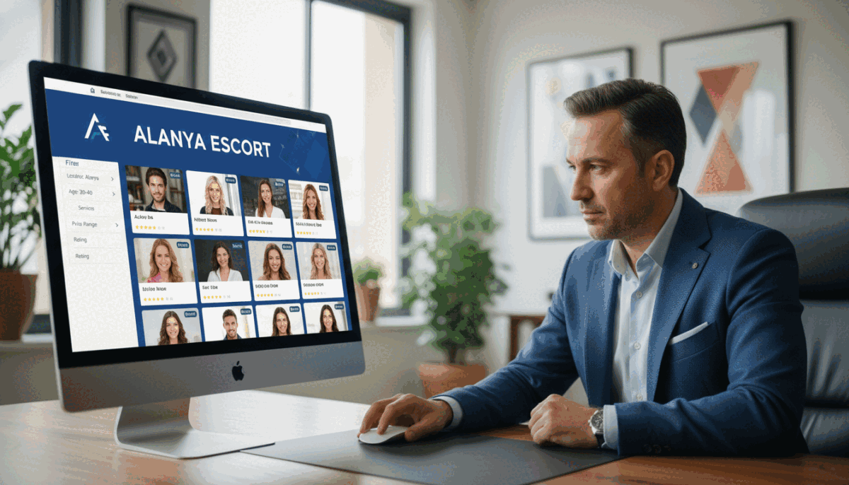 A sleek, professional office environment showcasing a high-quality, modern website interface displaying various escort profiles and filters. In the foreground, a computer screen illuminated with vibrant colors shows the brand name "alanya escort" prominently. The middle ground features a well-dressed individual, a man in business casual attire, thoughtfully browsing the site with a focused expression. The background includes minimalist design elements such as soft lighting and contemporary decor, creating a welcoming atmosphere. The overall mood conveys professionalism and trust, with an emphasis on ease of navigation and user-friendliness. The composition uses soft focus to enhance the foreground with a clear sharpness on the screen, capturing the essence of finding the right match efficiently. A sleek, professional office environment showcasing a high-quality, modern website interface displaying various escort profiles and filters. In the foreground, a computer screen illuminated with vibrant colors shows the brand name "alanya escort" prominently. The middle ground features a well-dressed individual, a man in business casual attire, thoughtfully browsing the site with a focused expression. The background includes minimalist design elements such as soft lighting and contemporary decor, creating a welcoming atmosphere. The overall mood conveys professionalism and trust, with an emphasis on ease of navigation and user-friendliness. The composition uses soft focus to enhance the foreground with a clear sharpness on the screen, capturing the essence of finding the right match efficiently.