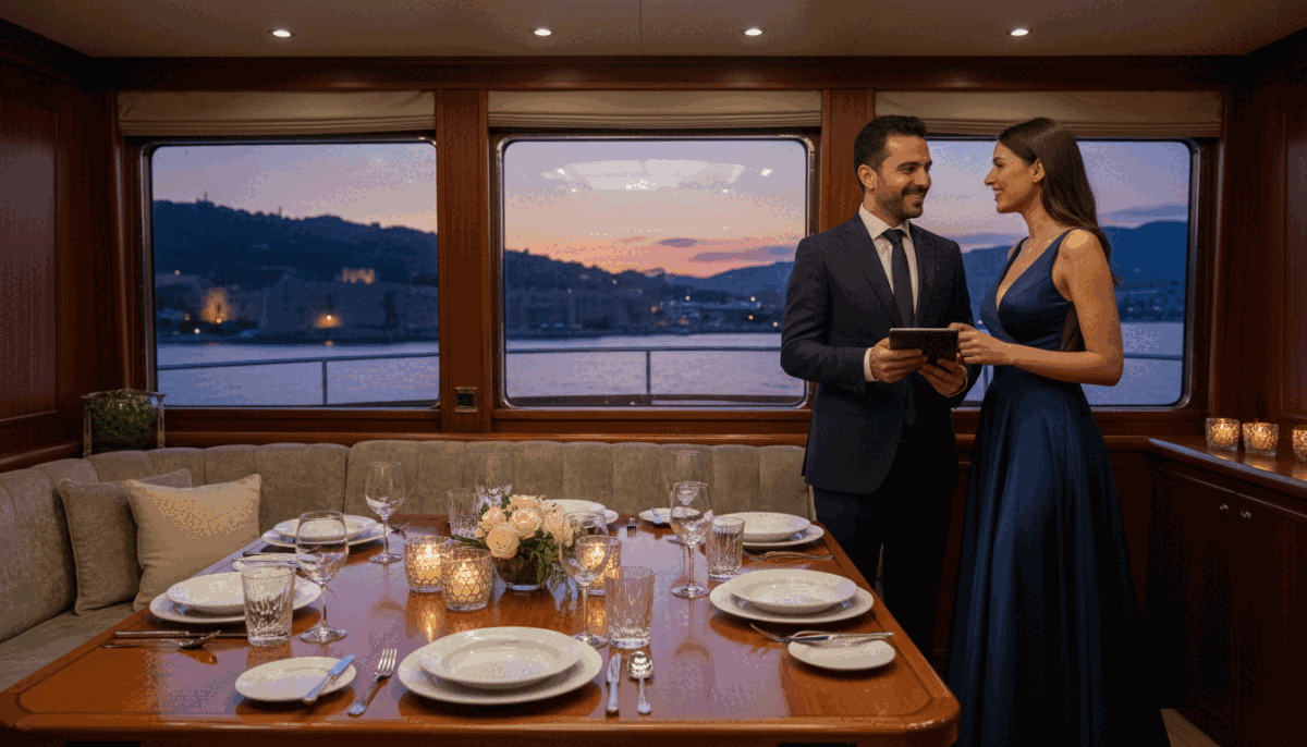 A sophisticated and elegant evening scene set in a luxurious yacht cabin, emphasizing the theme of "Alanya escort yat turu eşliği." In the foreground, a professionally dressed couple is engaged in warm conversation, showcasing a friendly and inviting atmosphere prior to an event. The middle ground features a beautifully set dining table with exquisite tableware and fine decor, illuminated by soft, ambient lighting that casts gentle shadows. In the background, the serene Alanya coastline is visible through large panoramic windows, reflecting a tranquil sunset. The composition captures the essence of careful planning and communication before an unforgettable night out, evoking a mood of anticipation and elegance. The image uses a warm color palette, showcasing vivid details and soft contrast to highlight the luxurious setting. A sophisticated and elegant evening scene set in a luxurious yacht cabin, emphasizing the theme of "Alanya escort yat turu eşliği." In the foreground, a professionally dressed couple is engaged in warm conversation, showcasing a friendly and inviting atmosphere prior to an event. The middle ground features a beautifully set dining table with exquisite tableware and fine decor, illuminated by soft, ambient lighting that casts gentle shadows. In the background, the serene Alanya coastline is visible through large panoramic windows, reflecting a tranquil sunset. The composition captures the essence of careful planning and communication before an unforgettable night out, evoking a mood of anticipation and elegance. The image uses a warm color palette, showcasing vivid details and soft contrast to highlight the luxurious setting.