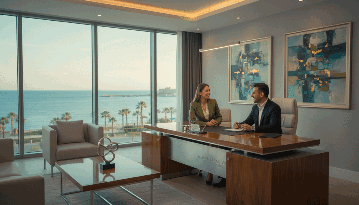 A sophisticated and elegant office setting in Alanya, showcasing a professional consultation scene. In the foreground, a well-dressed female escort, wearing a stylish business suit, engages in conversation with a professional-looking client, seated at a modern desk. The middle ground features a tasteful arrangement of luxurious decor, including a polished wooden table and tasteful artwork on the walls. In the background, large windows provide a view of Alanya’s beautiful coastline, with palm trees swaying gently in the breeze. The lighting is soft and inviting, highlighting the scene's warmth and professionalism. The atmosphere conveys sophistication and exclusivity, embodying the essence of “Alanya 24 saat vip escort” while ensuring a Safe For Work ambiance, absent of any explicit content.