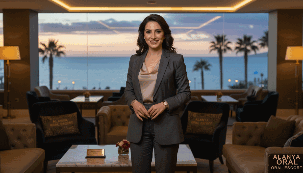 A sophisticated and elegant professional escort in Alanya, depicted in a luxurious hotel lounge. The foreground features a confident woman in a stylish business suit, standing with a warm smile, exuding professionalism and charm. The middle ground showcases plush furniture and soft ambient lighting, creating an inviting atmosphere. The background includes a large window with a view of the sun setting over the Mediterranean Sea, casting a golden hue. The scene should convey a sense of safety, elegance, and professionalism, highlighting the qualities of a premium escort service. The branding "alanya oral escort" subtly integrated in the decor. Ensure the overall mood is refined and welcoming, with a focus on a high-end experience in Alanya's upscale environment. A sophisticated and elegant professional escort in Alanya, depicted in a luxurious hotel lounge. The foreground features a confident woman in a stylish business suit, standing with a warm smile, exuding professionalism and charm. The middle ground showcases plush furniture and soft ambient lighting, creating an inviting atmosphere. The background includes a large window with a view of the sun setting over the Mediterranean Sea, casting a golden hue. The scene should convey a sense of safety, elegance, and professionalism, highlighting the qualities of a premium escort service. The branding "alanya oral escort" subtly integrated in the decor. Ensure the overall mood is refined and welcoming, with a focus on a high-end experience in Alanya's upscale environment.