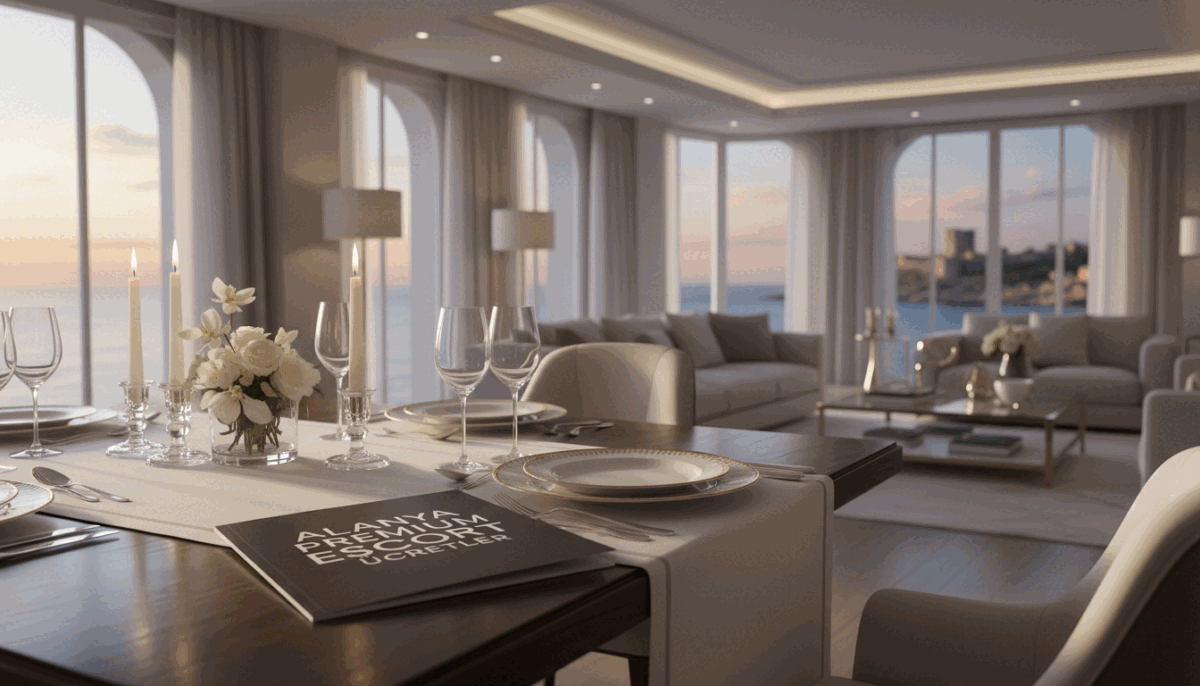 A sophisticated and elegant scene captures the essence of high-end escort services in Alanya. In the foreground, a polished brochure titled "Alanya Premium Escort Ücretler" lies on a lavishly set dining table adorned with fine dining accessories and soft candlelight casting a warm glow. The middle layer showcases a chic, modern living space with tasteful decor, reflecting an ambiance of luxury and exclusivity. In the background, a softly blurred view of the Alanya coastline illustrates the beautiful Mediterranean setting. Natural sunlight streams through large windows, creating a bright and inviting atmosphere. The mood is refined yet approachable, embodying professionalism and class, suitable for discerning clients exploring premium service options. The composition should focus on elegance without depicting any human subjects, ensuring a safe for work representation. A sophisticated and elegant scene captures the essence of high-end escort services in Alanya. In the foreground, a polished brochure titled "Alanya Premium Escort Ücretler" lies on a lavishly set dining table adorned with fine dining accessories and soft candlelight casting a warm glow. The middle layer showcases a chic, modern living space with tasteful decor, reflecting an ambiance of luxury and exclusivity. In the background, a softly blurred view of the Alanya coastline illustrates the beautiful Mediterranean setting. Natural sunlight streams through large windows, creating a bright and inviting atmosphere. The mood is refined yet approachable, embodying professionalism and class, suitable for discerning clients exploring premium service options. The composition should focus on elegance without depicting any human subjects, ensuring a safe for work representation.