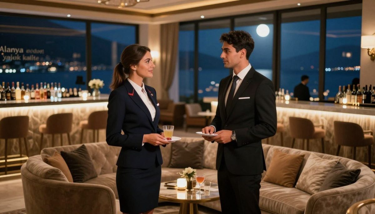 A sophisticated and elegant scene exemplifying "Alanya escort yüksek kalite" service, showcasing a luxury hotel lounge in Alanya at night. In the foreground, a well-dressed male and female escort, both in professional attire, engage in polite conversation, exhibiting charm and poise. The middle ground features lavish furnishings with plush seating, tastefully arranged ambient lighting creating a warm and inviting atmosphere. A beautifully presented bar is visible, stocked with premium drinks. In the background, large windows reveal a stunning view of the Alanya coastline lit by moonlight, suggesting a vibrant nightlife. The overall mood is upscale and refined, emphasizing comfort and quality service in a sophisticated setting, with soft focus to enhance intimacy and allure. A sophisticated and elegant scene exemplifying "Alanya escort yüksek kalite" service, showcasing a luxury hotel lounge in Alanya at night. In the foreground, a well-dressed male and female escort, both in professional attire, engage in polite conversation, exhibiting charm and poise. The middle ground features lavish furnishings with plush seating, tastefully arranged ambient lighting creating a warm and inviting atmosphere. A beautifully presented bar is visible, stocked with premium drinks. In the background, large windows reveal a stunning view of the Alanya coastline lit by moonlight, suggesting a vibrant nightlife. The overall mood is upscale and refined, emphasizing comfort and quality service in a sophisticated setting, with soft focus to enhance intimacy and allure.