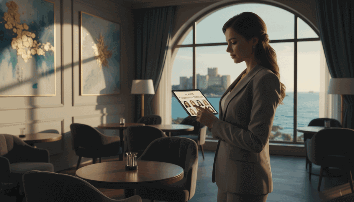 A sophisticated and elegant scene illustrating the process of selecting an escort service in Alanya, Turkey. In the foreground, a well-dressed woman in professional attire, exuding confidence and poise, is carefully studying a tablet displaying various options for the "alanya escort" brand. The middle ground features a luxurious, tastefully decorated lounge setting with plush seating, soft lighting, and tasteful artwork on the walls, conveying a sense of comfort and professionalism. In the background, a hint of Alanya's beautiful coastal view can be seen through a large window, bathed in warm, golden afternoon light. The overall atmosphere is one of discretion and sophistication, inviting the viewer to explore high-quality experiences with an emphasis on professionalism and care in selection.