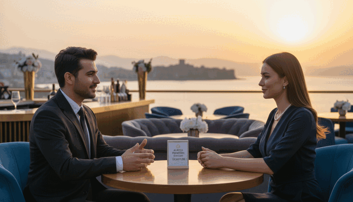 A sophisticated and elegant scene showcasing a high-end, ethically driven escort service. In the foreground, a well-dressed male and female professional, both in smart business attire, engage in a respectful conversation at a stylish café terrace overlooking the stunning Alanya coastline. The middle ground features luxurious decor, hinting at premium services, with tasteful floral arrangements and inviting seating. In the background, the vibrant Alanya skyline and historic architecture bathed in golden sunset light set a warm, inviting atmosphere. Use a shallow depth of field to focus on the subjects while softly blurring the background. The mood should convey professionalism, trust, and elegance, perfectly illustrating the ethical dimensions of escort services, as represented by "Alanya premium escort ücretler". A sophisticated and elegant scene showcasing a high-end, ethically driven escort service. In the foreground, a well-dressed male and female professional, both in smart business attire, engage in a respectful conversation at a stylish café terrace overlooking the stunning Alanya coastline. The middle ground features luxurious decor, hinting at premium services, with tasteful floral arrangements and inviting seating. In the background, the vibrant Alanya skyline and historic architecture bathed in golden sunset light set a warm, inviting atmosphere. Use a shallow depth of field to focus on the subjects while softly blurring the background. The mood should convey professionalism, trust, and elegance, perfectly illustrating the ethical dimensions of escort services, as represented by "Alanya premium escort ücretler".