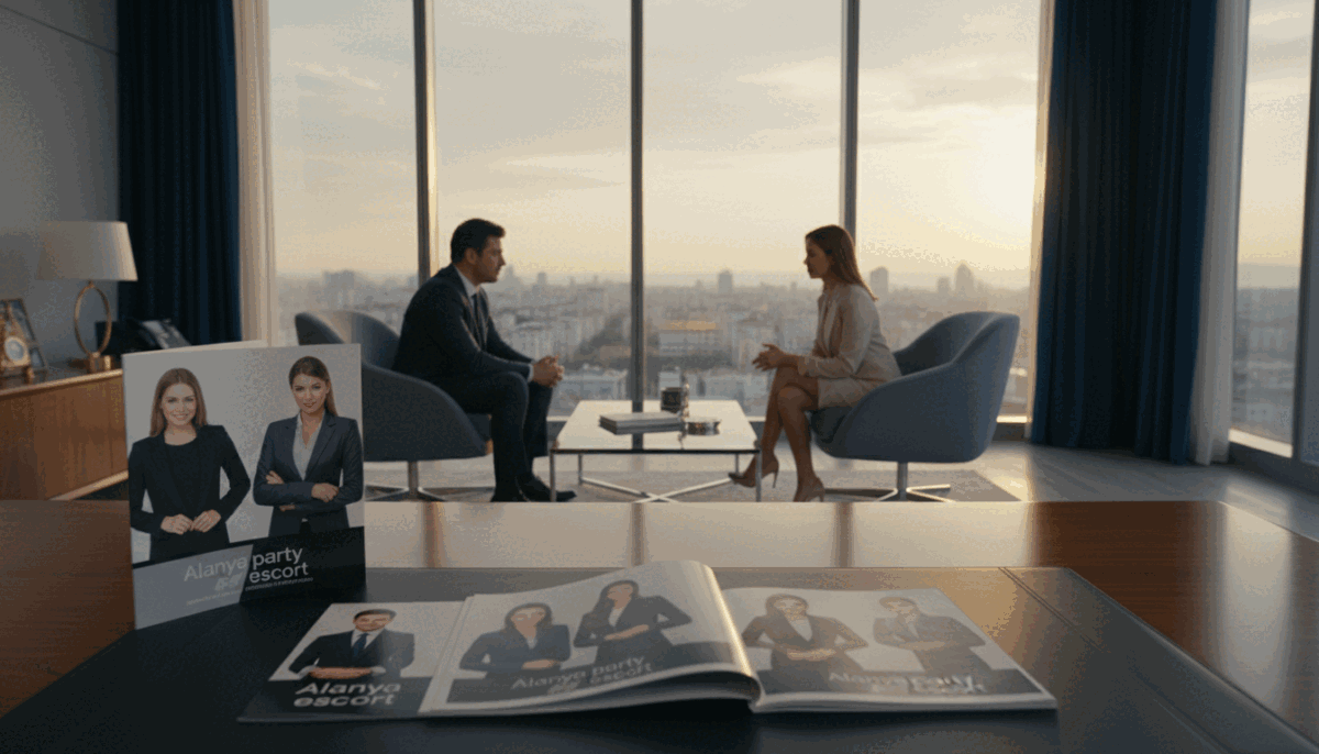 A sophisticated and elegant scene showcasing a luxurious office environment where pricing for escort services is discussed. In the foreground, a sleek, polished wooden desk is adorned with a tasteful arrangement of brochures from "Alanya party escort," featuring images of models in professional attire, smiling warmly. The middle ground includes a plush seating area with stylish chairs where two well-dressed individuals are engaged in a conversation, their expressions focused and professional. In the background, large windows reveal a stunning view of Alanya's skyline at sunset, bathing the room in soft golden light. The atmosphere is upscale and inviting, conveying a sense of exclusivity and professionalism. The lighting is warm and ambient, creating a relaxed yet sophisticated mood. A sophisticated and elegant scene showcasing a luxurious office environment where pricing for escort services is discussed. In the foreground, a sleek, polished wooden desk is adorned with a tasteful arrangement of brochures from "Alanya party escort," featuring images of models in professional attire, smiling warmly. The middle ground includes a plush seating area with stylish chairs where two well-dressed individuals are engaged in a conversation, their expressions focused and professional. In the background, large windows reveal a stunning view of Alanya's skyline at sunset, bathing the room in soft golden light. The atmosphere is upscale and inviting, conveying a sense of exclusivity and professionalism. The lighting is warm and ambient, creating a relaxed yet sophisticated mood.