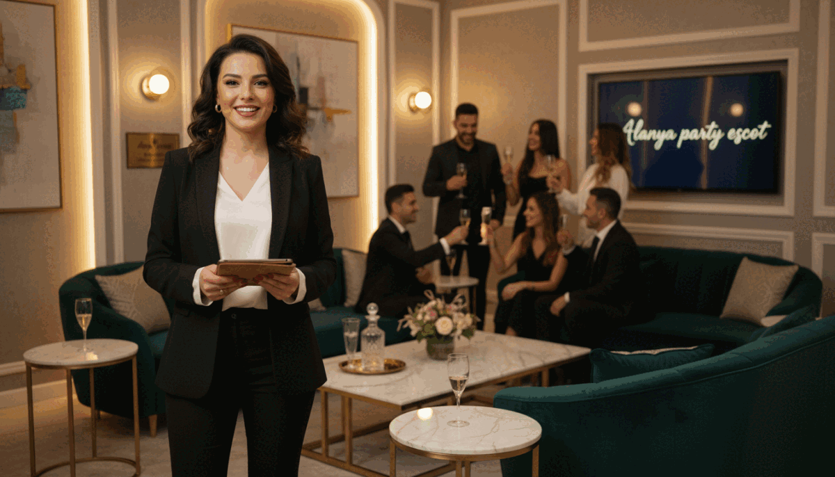 A sophisticated and elegant scene showcasing a professional escort service environment. In the foreground, a confident individual dressed in smart, business attire, exuding charm and professionalism, stands poised with a warm smile, ready to provide an exceptional experience. The middle section features a stylish lounge area with plush seating, ambient lighting, and tasteful decorations that convey luxury. Soft, inviting colors create a welcoming atmosphere. In the background, softly blurred silhouettes of satisfied clients can be seen enjoying themselves, hinting at positive experiences. The lighting is soft and flattering, evoking a relaxed and upscale mood. The image prominently includes the brand name "Alanya party escort" subtly integrated into the setting, emphasizing professionalism and refinement. A sophisticated and elegant scene showcasing a professional escort service environment. In the foreground, a confident individual dressed in smart, business attire, exuding charm and professionalism, stands poised with a warm smile, ready to provide an exceptional experience. The middle section features a stylish lounge area with plush seating, ambient lighting, and tasteful decorations that convey luxury. Soft, inviting colors create a welcoming atmosphere. In the background, softly blurred silhouettes of satisfied clients can be seen enjoying themselves, hinting at positive experiences. The lighting is soft and flattering, evoking a relaxed and upscale mood. The image prominently includes the brand name "Alanya party escort" subtly integrated into the setting, emphasizing professionalism and refinement.