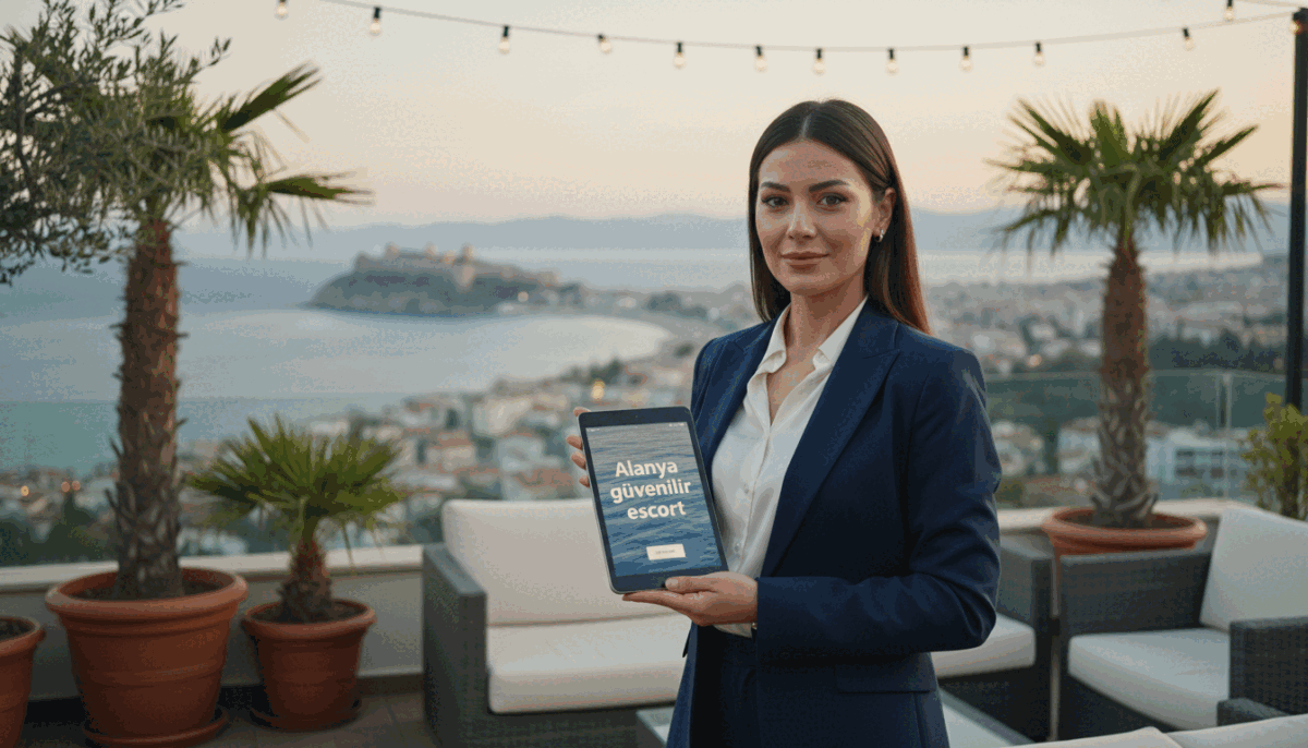 A sophisticated and elegant setting featuring a professional woman in business attire, standing confidently near a beautifully lit outdoor terrace in Alanya. In the foreground, she exudes poise and professionalism, holding a tablet displaying a user-friendly interface of "Alanya güvenilir escort". The background reveals a stunning view of the Alanya coastline at dusk, with soft golden lighting that creates a warm atmosphere. The scene is framed by lush greenery and elegant furnishings, accentuating a sense of luxury and quality. Use a shallow depth of field to focus on the subject while softly blurring the background, enhancing the mood of professionalism and safety in the escort service industry. A sophisticated and elegant setting featuring a professional woman in business attire, standing confidently near a beautifully lit outdoor terrace in Alanya. In the foreground, she exudes poise and professionalism, holding a tablet displaying a user-friendly interface of "Alanya güvenilir escort". The background reveals a stunning view of the Alanya coastline at dusk, with soft golden lighting that creates a warm atmosphere. The scene is framed by lush greenery and elegant furnishings, accentuating a sense of luxury and quality. Use a shallow depth of field to focus on the subject while softly blurring the background, enhancing the mood of professionalism and safety in the escort service industry.
