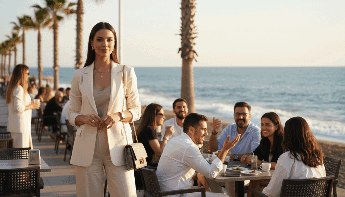 A sophisticated and elegant woman in professional business attire stands confidently in the foreground, showcasing a polished look with a stylish blazer and tailored trousers, embodying the essence of a high-end escort in Mahmutlar. Her poised expression reflects a blend of charm and professionalism. In the middle ground, a bustling café scene reveals lively social interactions among well-dressed patrons enjoying their afternoon. The background features a beautiful Mediterranean coastline, with soft waves lapping at the shore and palm trees swaying gently in the breeze, suggesting a vibrant social life. The lighting is warm and inviting, capturing the golden hour glow, with a slight bokeh effect to emphasize the subject. This image should convey a sense of allure, elegance, and the lively atmosphere of Mahmutlar, promoting the essence of "Alanya party escort" without any explicit content. A sophisticated and elegant woman in professional business attire stands confidently in the foreground, showcasing a polished look with a stylish blazer and tailored trousers, embodying the essence of a high-end escort in Mahmutlar. Her poised expression reflects a blend of charm and professionalism. In the middle ground, a bustling café scene reveals lively social interactions among well-dressed patrons enjoying their afternoon. The background features a beautiful Mediterranean coastline, with soft waves lapping at the shore and palm trees swaying gently in the breeze, suggesting a vibrant social life. The lighting is warm and inviting, capturing the golden hour glow, with a slight bokeh effect to emphasize the subject. This image should convey a sense of allure, elegance, and the lively atmosphere of Mahmutlar, promoting the essence of "Alanya party escort" without any explicit content.