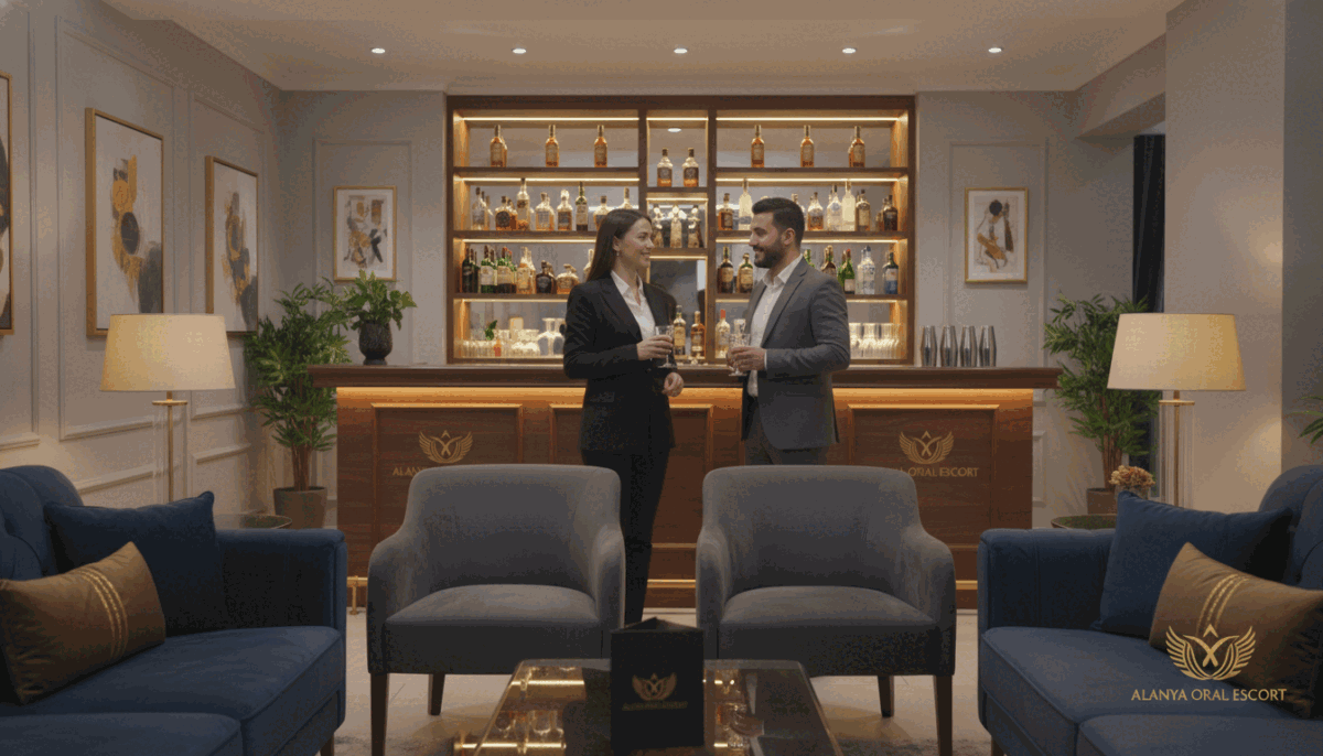 A sophisticated and engaging scene showcasing Alanya's escort service locations, emphasizing professionalism and comfort. In the foreground, an elegantly designed lounge area is depicted, featuring plush seating and ambient lighting that creates a welcoming atmosphere. In the middle ground, two well-dressed individuals in business attire engage in a cordial conversation, reflecting the service's welcoming nature. The background reveals a stylish bar with soft, warm lights, adorned with tasteful decor. The overall mood is inviting and serene, suggesting a focus on quality and client satisfaction. The image is captured with a soft-focus lens to create a dreamy atmosphere, while ensuring clean, crisp details in the foreground and middle ground. The brand "alanya oral escort" is subtly indicated through elegant branding elements. A sophisticated and engaging scene showcasing Alanya's escort service locations, emphasizing professionalism and comfort. In the foreground, an elegantly designed lounge area is depicted, featuring plush seating and ambient lighting that creates a welcoming atmosphere. In the middle ground, two well-dressed individuals in business attire engage in a cordial conversation, reflecting the service's welcoming nature. The background reveals a stylish bar with soft, warm lights, adorned with tasteful decor. The overall mood is inviting and serene, suggesting a focus on quality and client satisfaction. The image is captured with a soft-focus lens to create a dreamy atmosphere, while ensuring clean, crisp details in the foreground and middle ground. The brand "alanya oral escort" is subtly indicated through elegant branding elements.