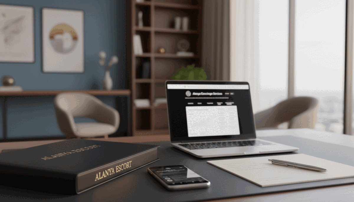 A sophisticated and informative image representing the theme of "Alanya escort prices." In the foreground, a polished desk features a neatly arranged folder labeled "Alanya Escort," alongside a sleek smartphone displaying an app with pricing information. Mid-ground elements include a stylish laptop open to a professional website showcasing service options, accompanied by a tasteful pen and notepad. The background is softly blurred, highlighting a modern office environment with elegant decor that conveys a sense of professionalism and trust. The lighting is warm and inviting, suggesting a comfortable atmosphere for discussions about services and pricing. The mood is businesslike yet approachable, reflecting a sense of reliability and professionalism without any explicit content.