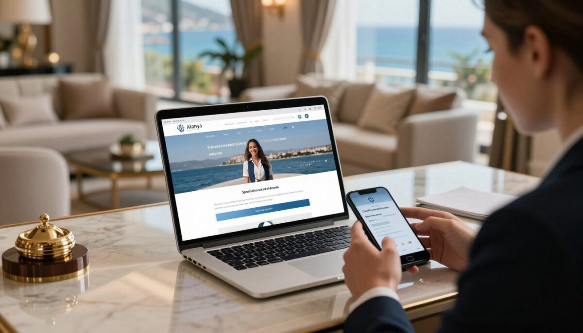 A sophisticated and inviting image illustrating the "Alanya escort özel müşteri" brand, focusing on the special reservation process. In the foreground, a well-dressed professional individual seated at an elegant desk, engaged in conversation, holding a smartphone. The middle ground features a sleek laptop opened to a webpage showing the booking interface with customer-friendly features and a serene interface. The background captures a tastefully decorated room, adorned with luxurious furnishings, soft lighting, and a vibrant view of the Alanya coastline through large windows, creating an atmosphere of professionalism and exclusivity. The lighting is warm and inviting, emphasizing comfort and luxury, with a slight focus on the screen for visual clarity. The angle is slightly above, giving a comprehensive perspective on the booking activity. A sophisticated and inviting image illustrating the "Alanya escort özel müşteri" brand, focusing on the special reservation process. In the foreground, a well-dressed professional individual seated at an elegant desk, engaged in conversation, holding a smartphone. The middle ground features a sleek laptop opened to a webpage showing the booking interface with customer-friendly features and a serene interface. The background captures a tastefully decorated room, adorned with luxurious furnishings, soft lighting, and a vibrant view of the Alanya coastline through large windows, creating an atmosphere of professionalism and exclusivity. The lighting is warm and inviting, emphasizing comfort and luxury, with a slight focus on the screen for visual clarity. The angle is slightly above, giving a comprehensive perspective on the booking activity.