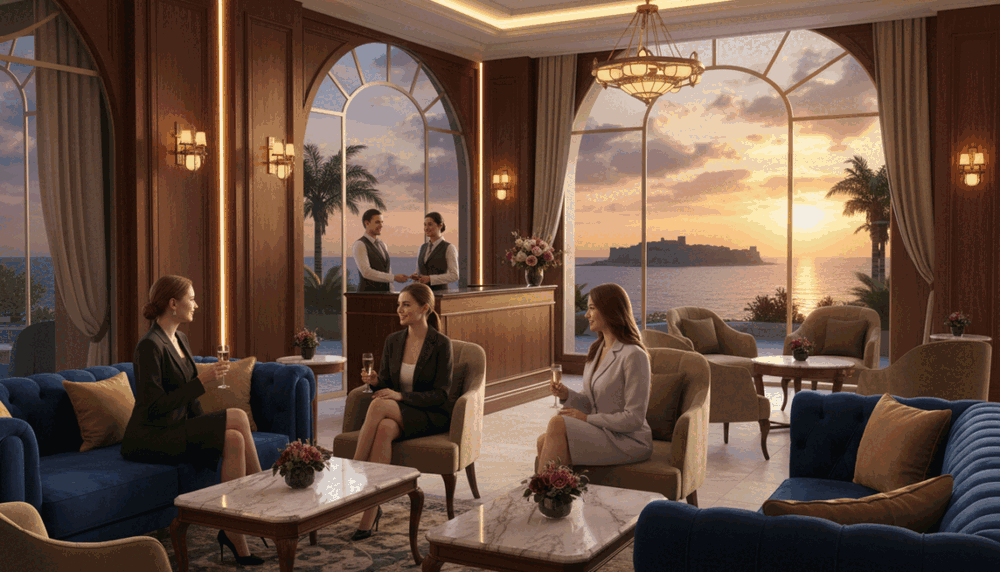A sophisticated and inviting interior of a luxury hotel in Alanya, showcasing a welcoming lounge area with elegant furniture and soft ambient lighting. In the foreground, elegantly dressed professional women in stylish business attire engage in warm conversation, exuding confidence and charm. The middle ground features a beautifully arranged reception desk with a friendly staff member assisting guests, complementing the atmosphere of discretion and reliability. The background reveals large windows offering a view of the stunning Alanya coastline, bathed in golden sunset hues, creating a serene and opulent ambiance. The overall mood is welcoming, trustworthy, and upscale, reflecting the essence of "Alanya otele gelen vip bayan". A sophisticated and inviting interior of a luxury hotel in Alanya, showcasing a welcoming lounge area with elegant furniture and soft ambient lighting. In the foreground, elegantly dressed professional women in stylish business attire engage in warm conversation, exuding confidence and charm. The middle ground features a beautifully arranged reception desk with a friendly staff member assisting guests, complementing the atmosphere of discretion and reliability. The background reveals large windows offering a view of the stunning Alanya coastline, bathed in golden sunset hues, creating a serene and opulent ambiance. The overall mood is welcoming, trustworthy, and upscale, reflecting the essence of "Alanya otele gelen vip bayan".
